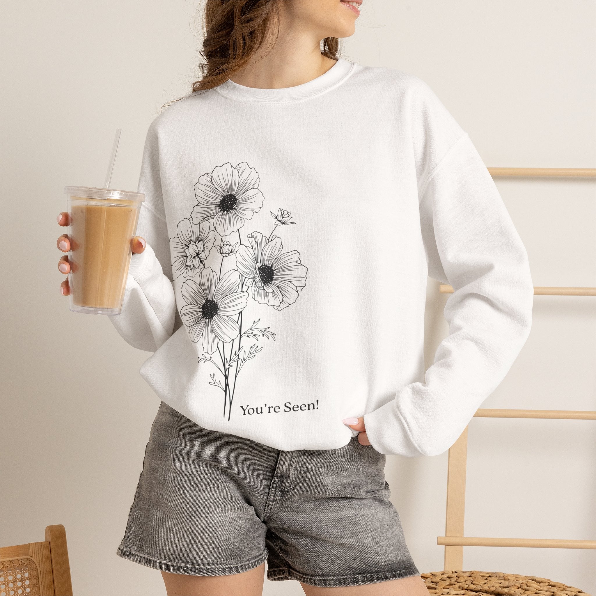 women Crewneck Sweatshirt — Minimal Black Floral "You're Seen" Design