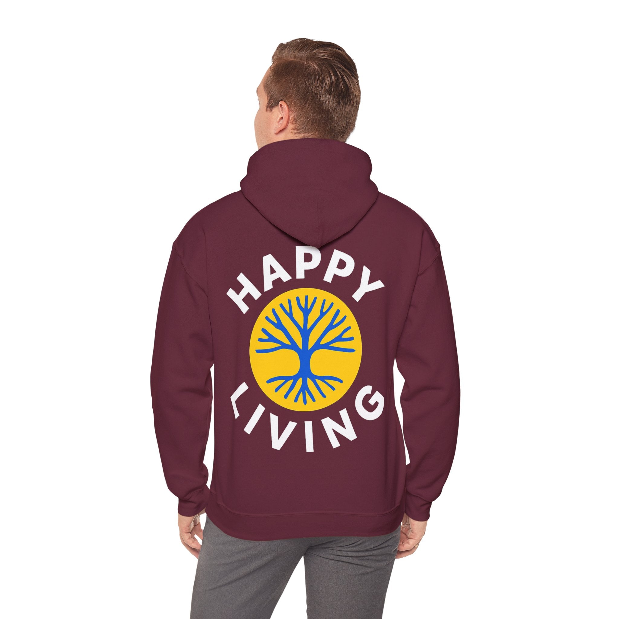 Men's Happy Living tree logo Hoodie | wellness lifestyle pullover