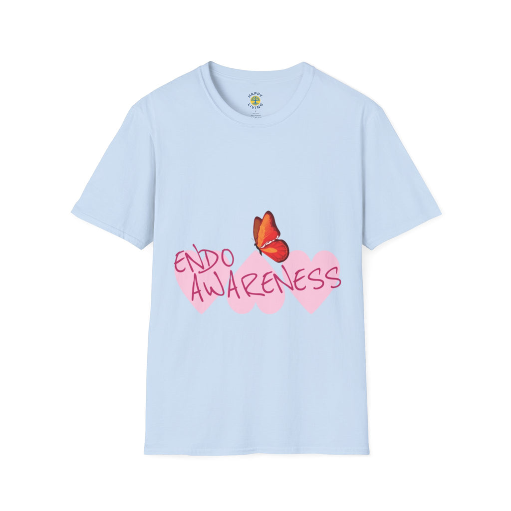 Women Endo Awareness T-Shirt — Pink Hearts & Butterfly Endometriosis Support Tee