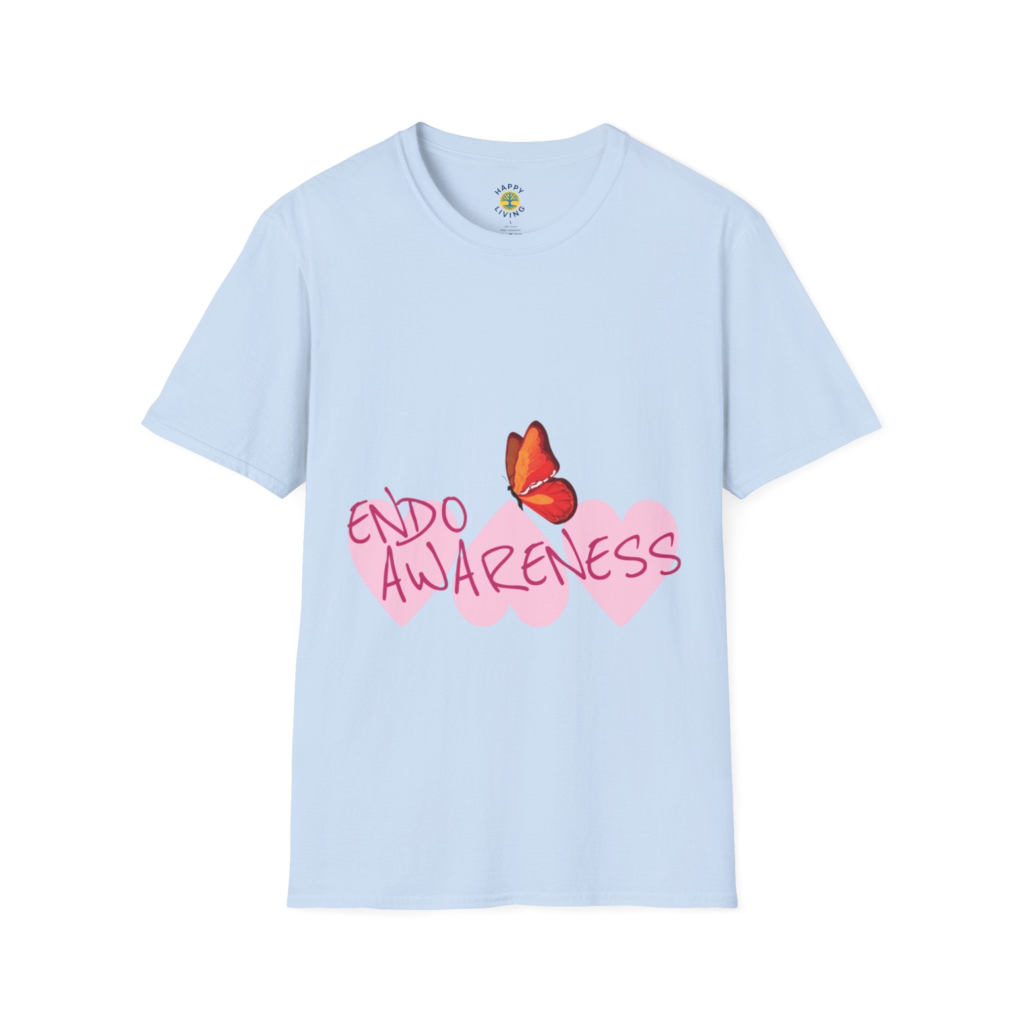 Women Endo Awareness T-Shirt — Pink Hearts & Butterfly Endometriosis Support Tee