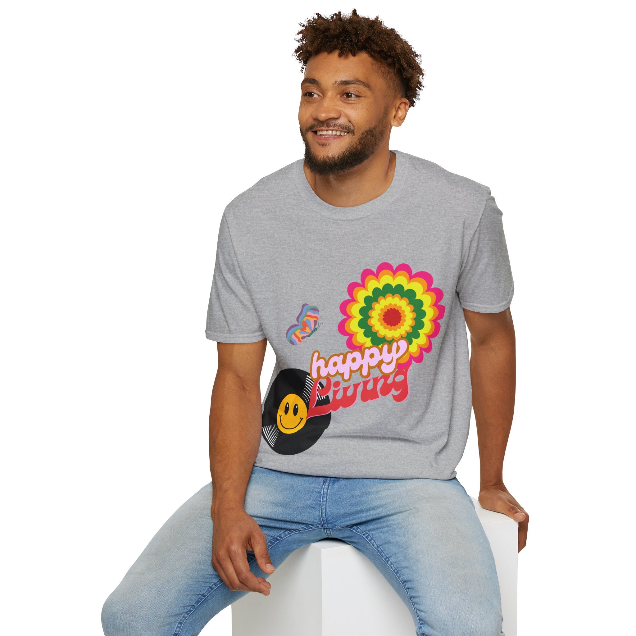 Men's-Happy Vibes Retro Flower T‑Shirt