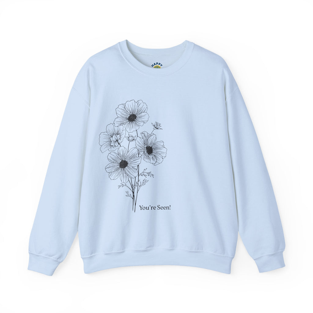 women Crewneck Sweatshirt — Minimal Black Floral "You're Seen" Design