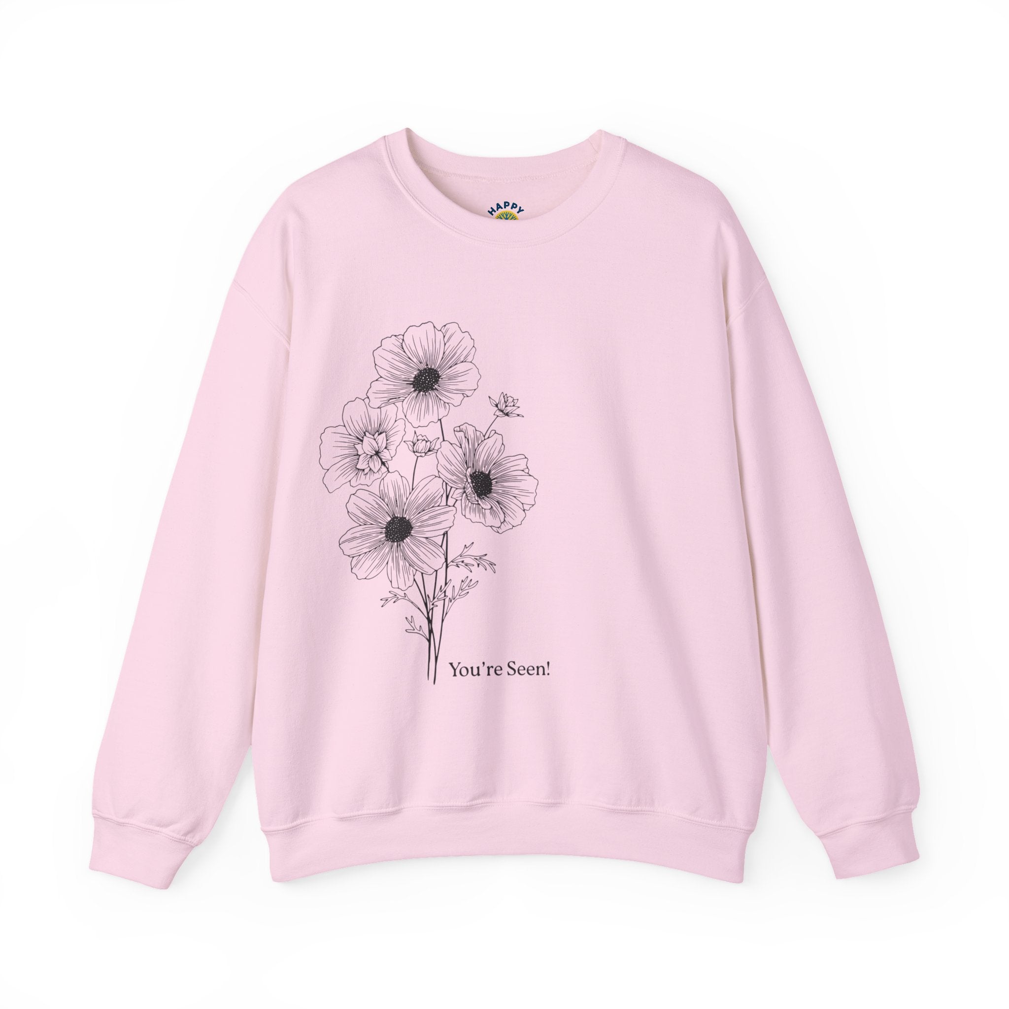women Crewneck Sweatshirt — Minimal Black Floral "You're Seen" Design