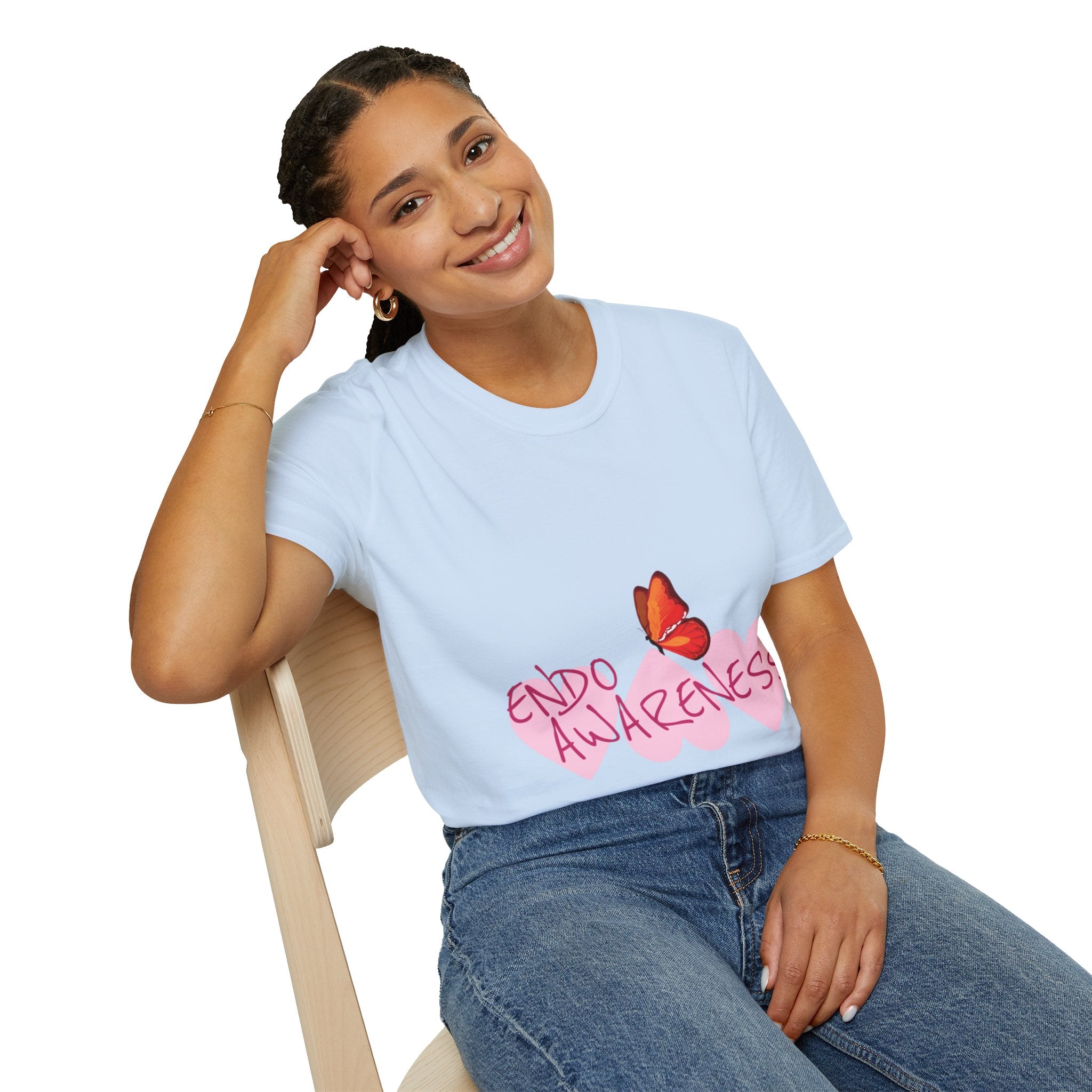 Women Endo Awareness T-Shirt — Pink Hearts & Butterfly Endometriosis Support Tee