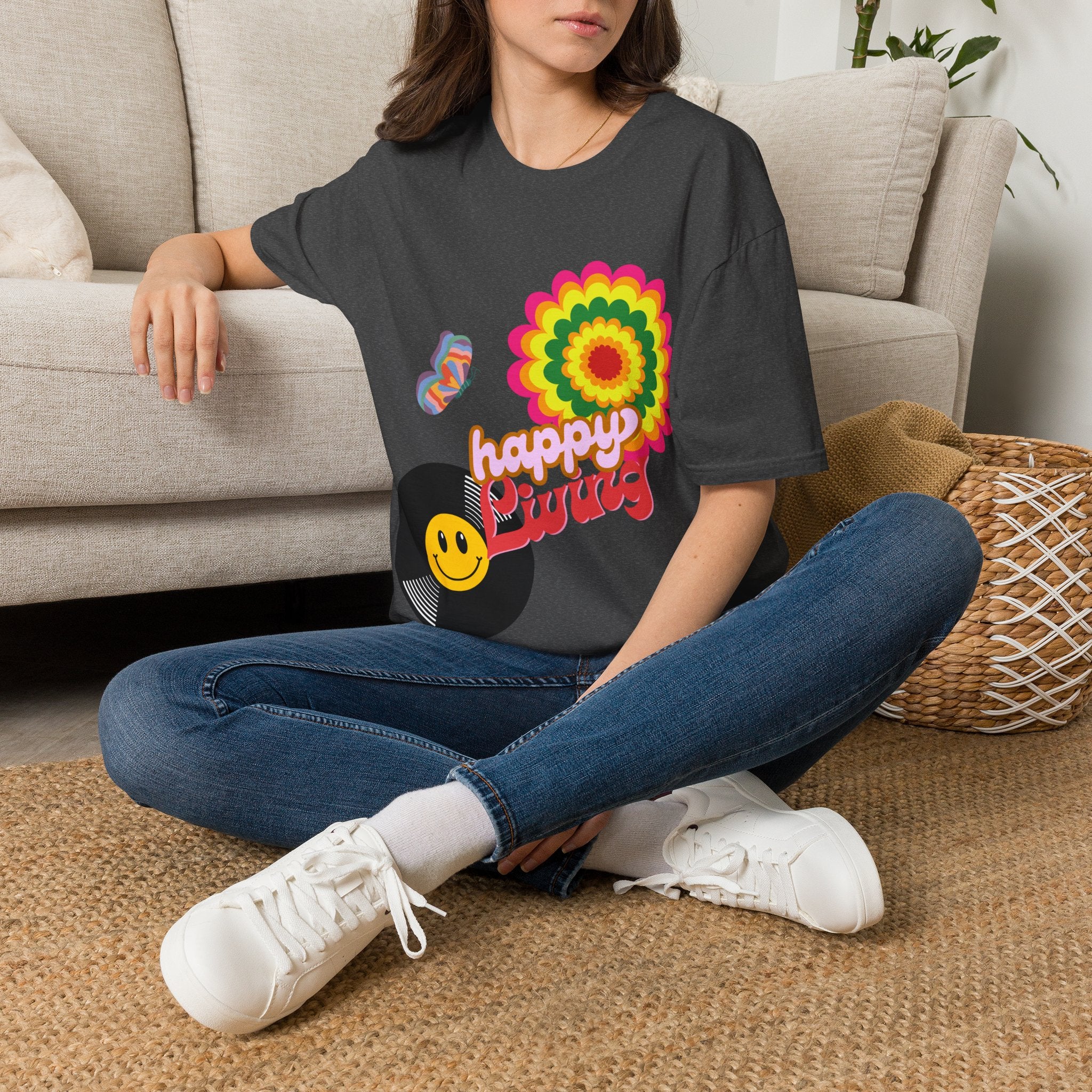 Women's Happy Vibes Retro Flower T‑Shirt