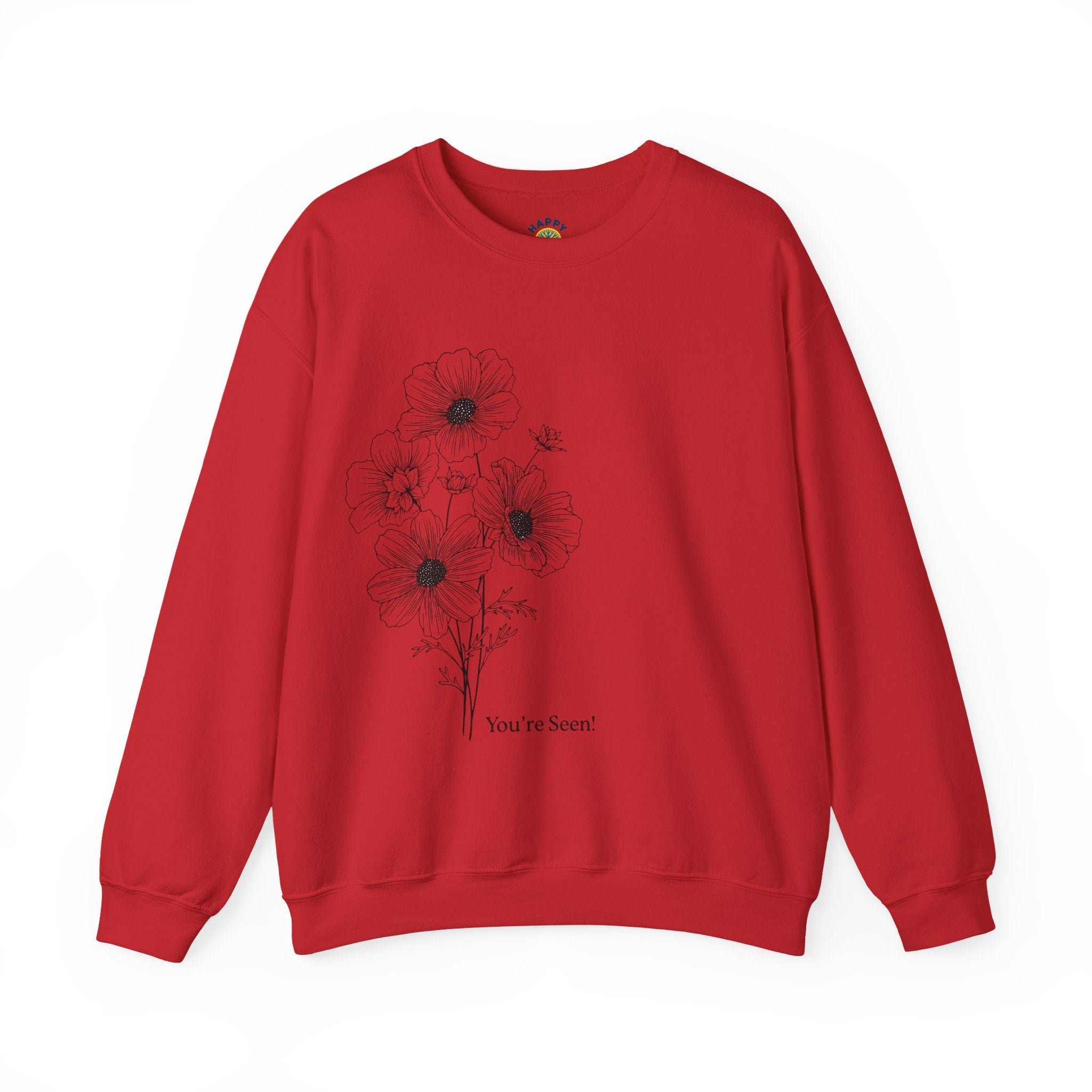 women Crewneck Sweatshirt — Minimal Black Floral "You're Seen" Design