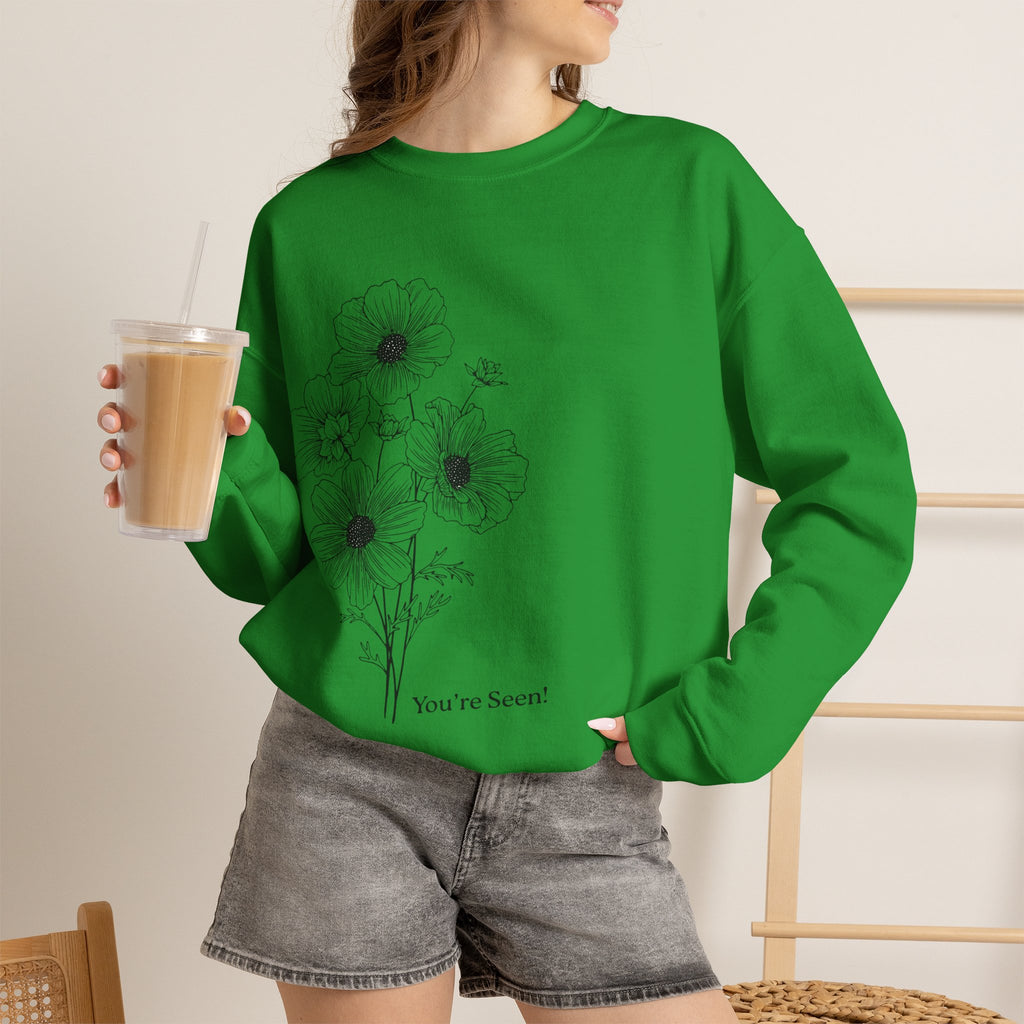 women Crewneck Sweatshirt — Minimal Black Floral "You're Seen" Design