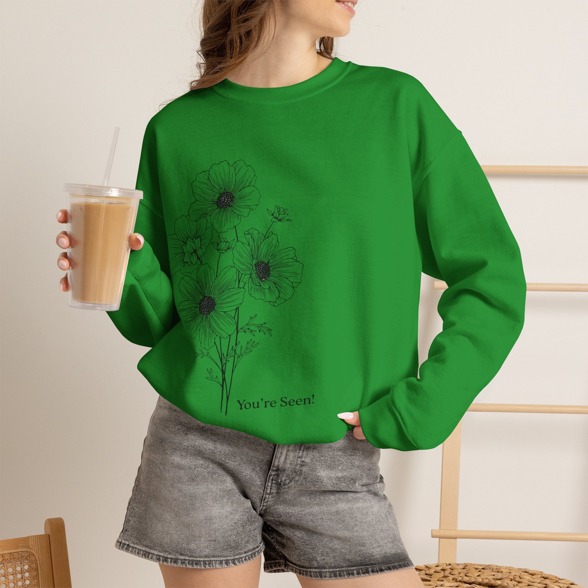 women Crewneck Sweatshirt — Minimal Black Floral "You're Seen" Design
