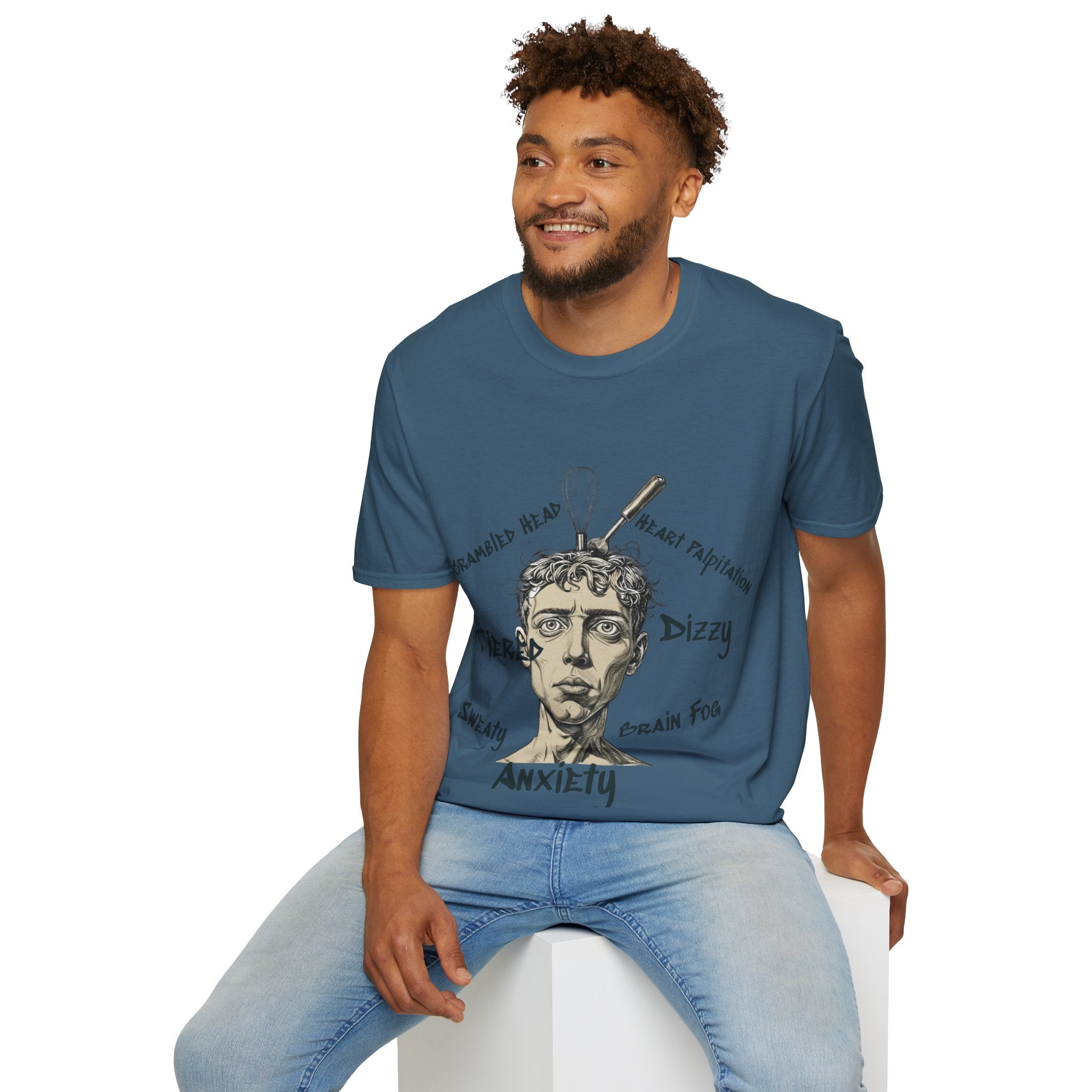Men Anxiety Symptoms Graphic T-Shirt — Illustrated Brain Fog Dizzy Sweaty Design