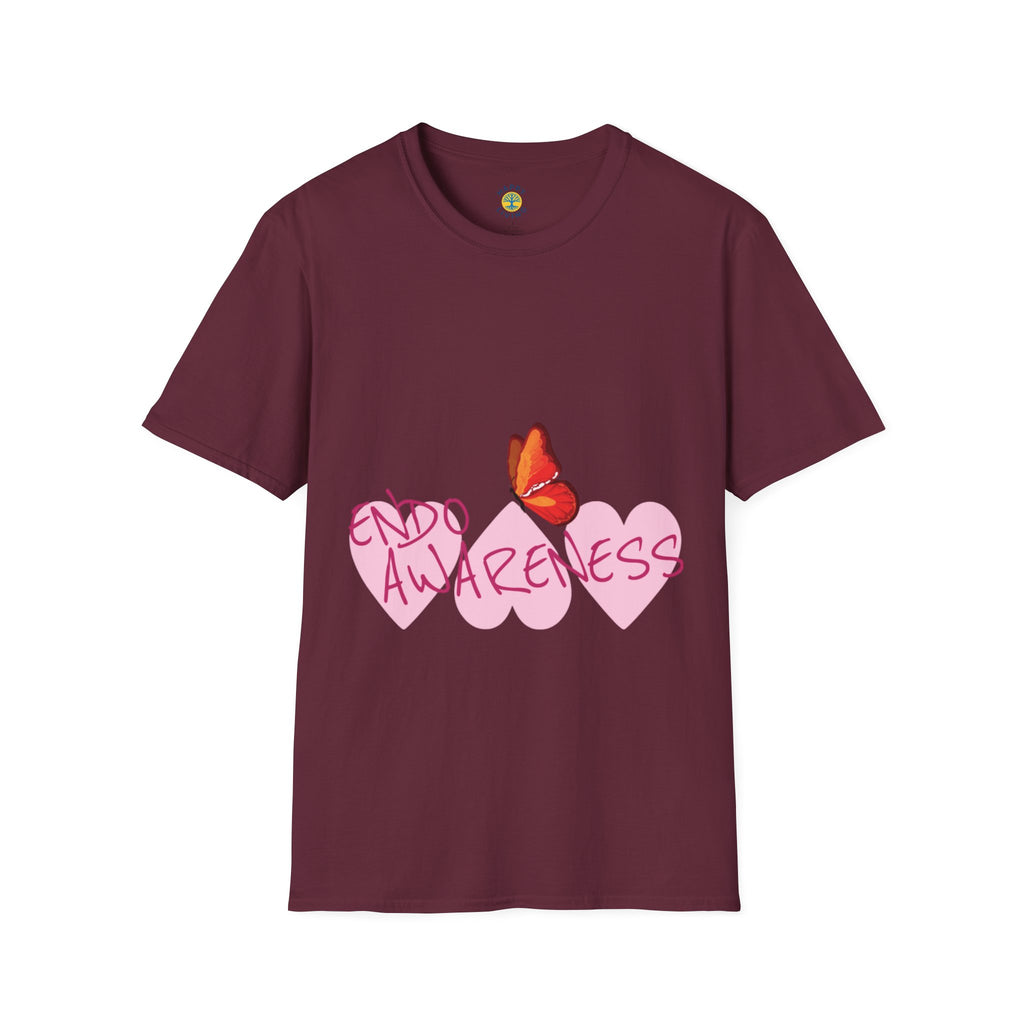 Women Endo Awareness T-Shirt — Pink Hearts & Butterfly Endometriosis Support Tee