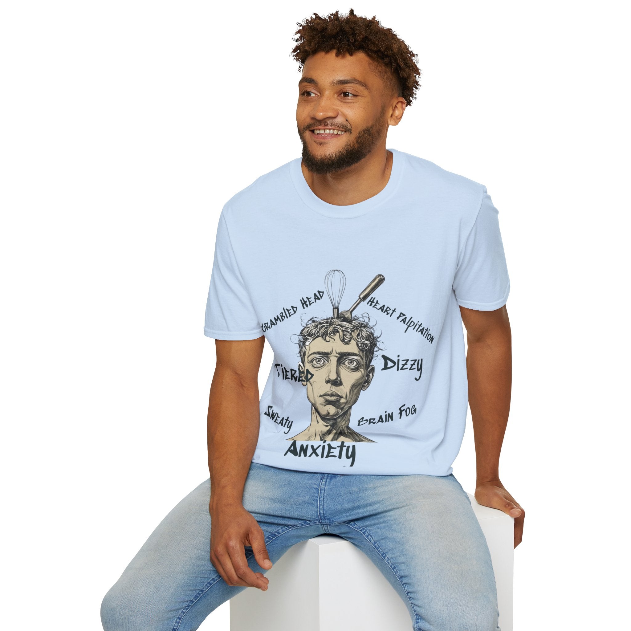 Men Anxiety Symptoms Graphic T-Shirt — Illustrated Brain Fog Dizzy Sweaty Design