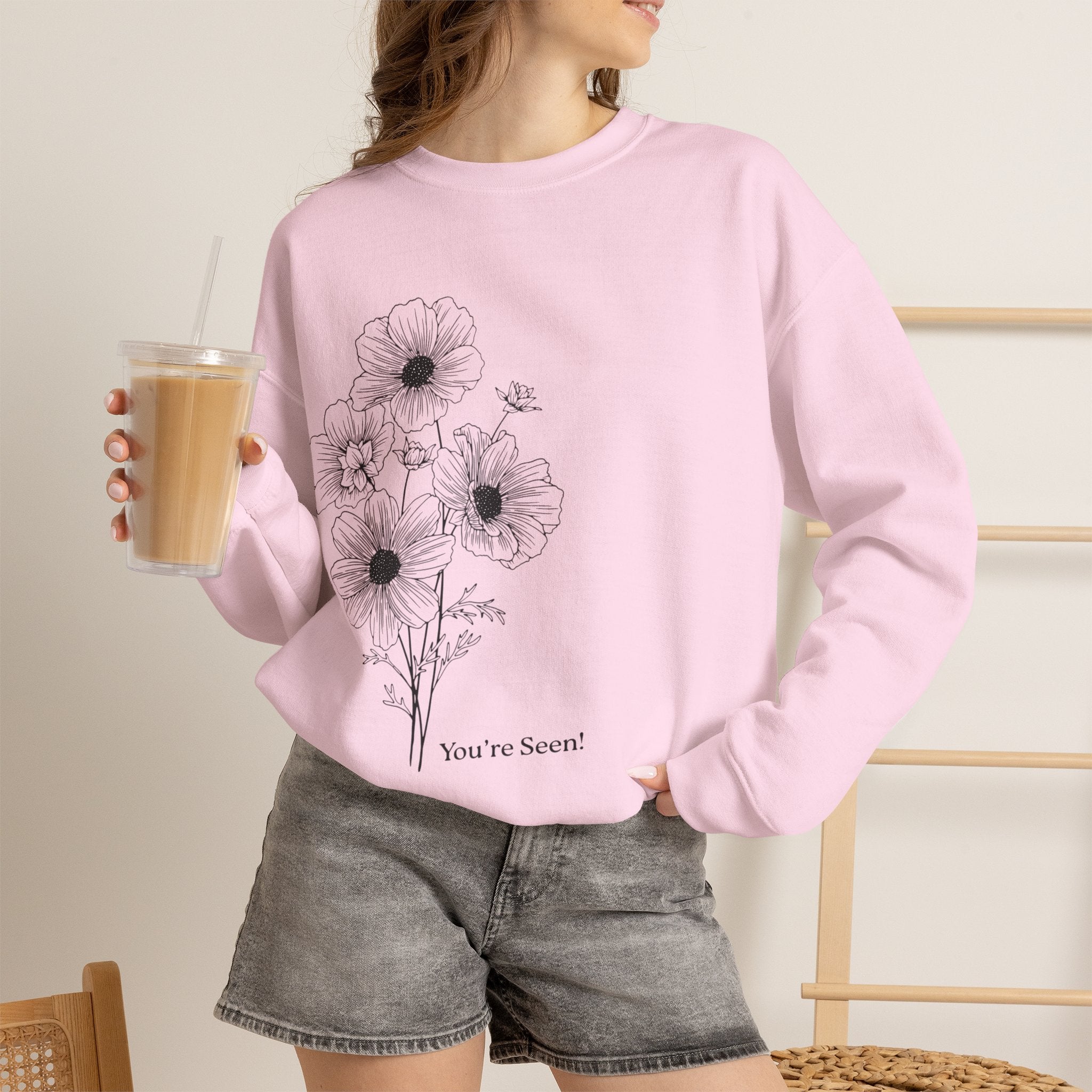 women Crewneck Sweatshirt — Minimal Black Floral "You're Seen" Design