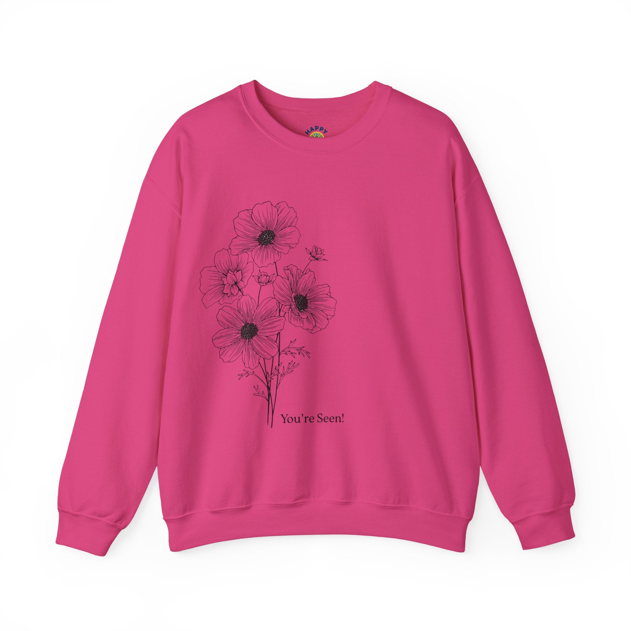 women Crewneck Sweatshirt — Minimal Black Floral "You're Seen" Design