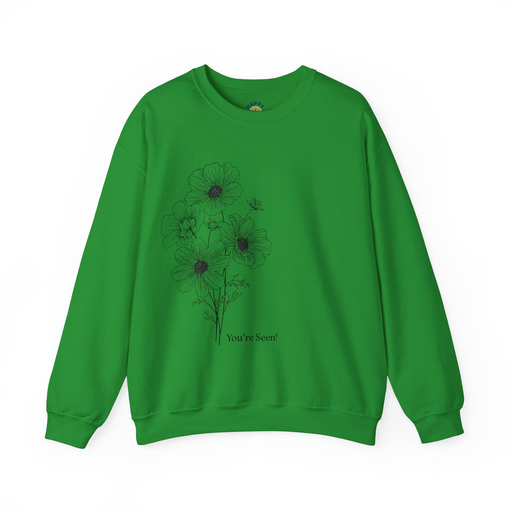 women Crewneck Sweatshirt — Minimal Black Floral "You're Seen" Design