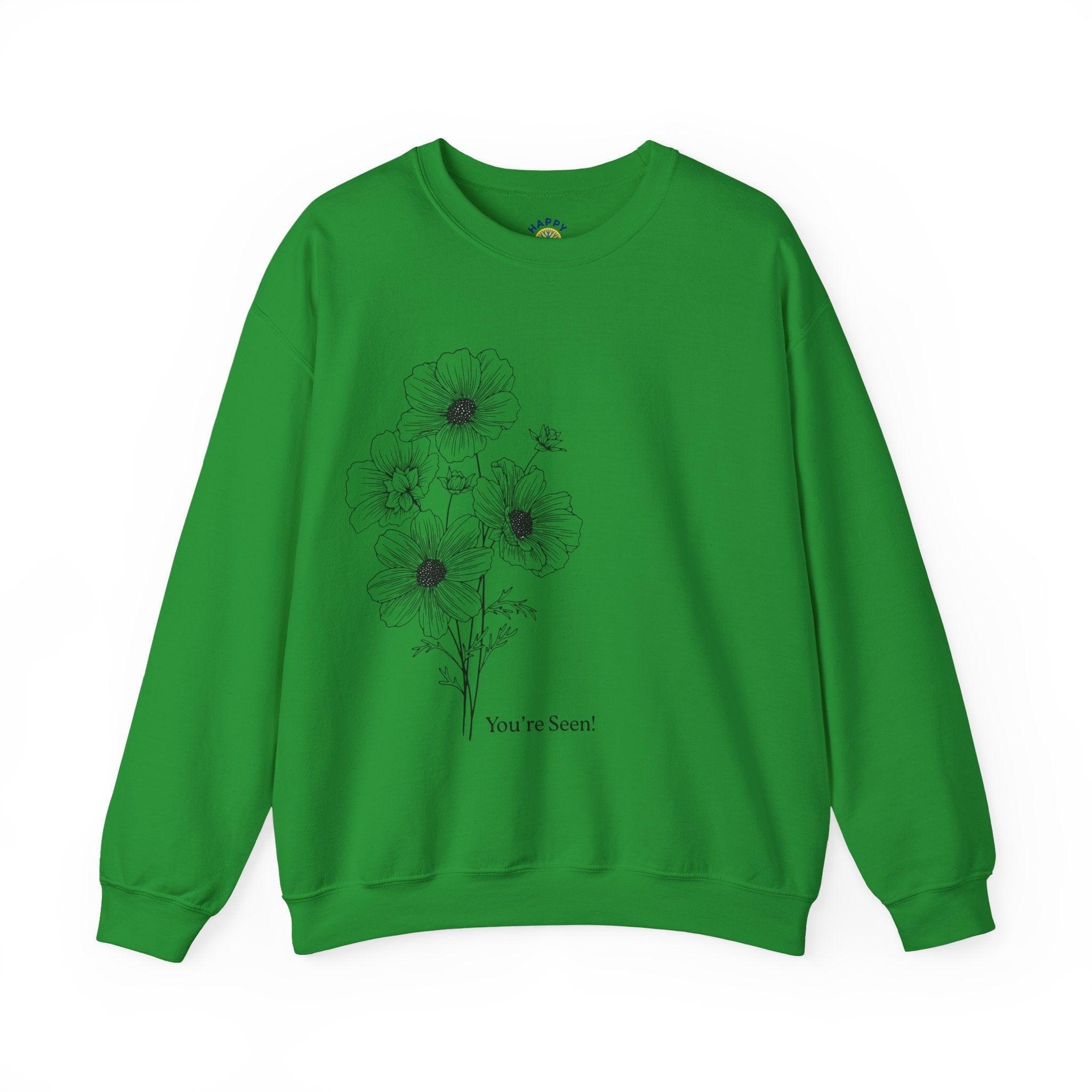 women Crewneck Sweatshirt — Minimal Black Floral "You're Seen" Design