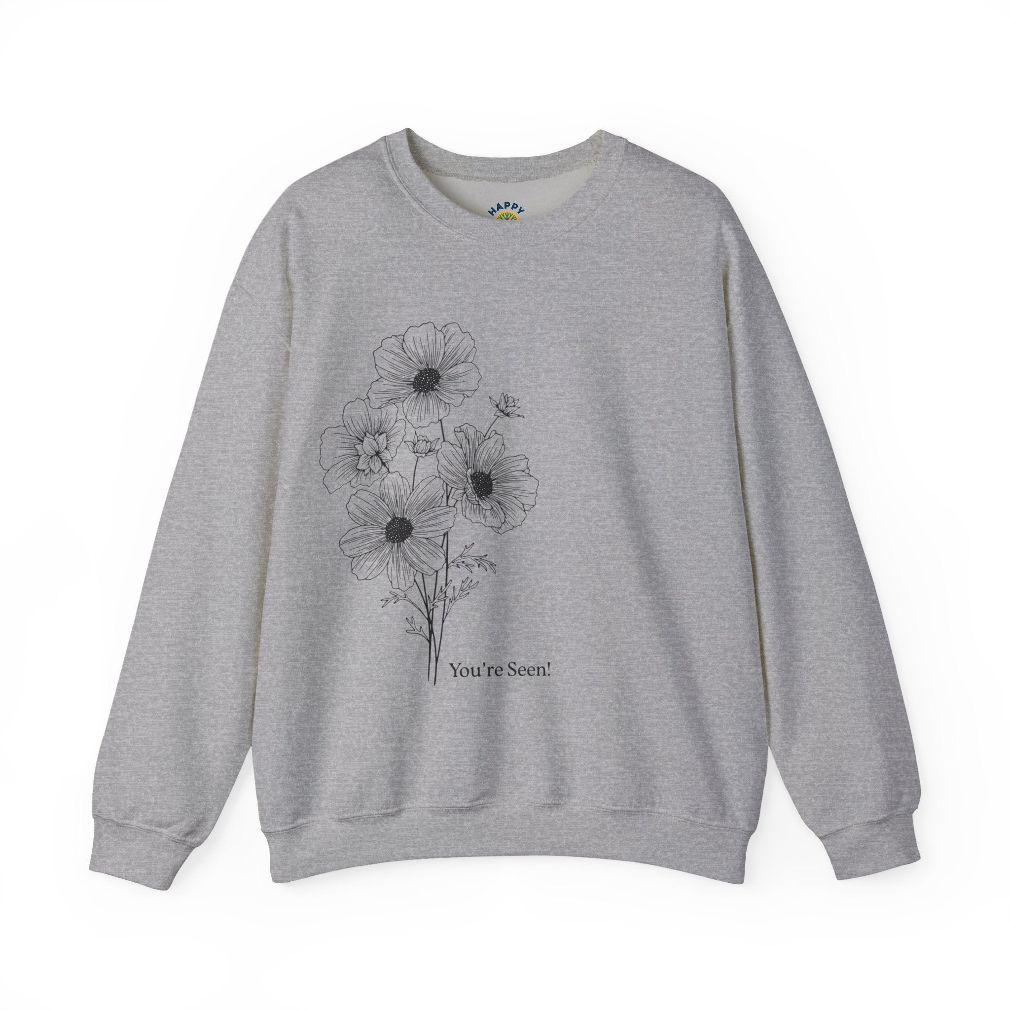 women Crewneck Sweatshirt — Minimal Black Floral "You're Seen" Design