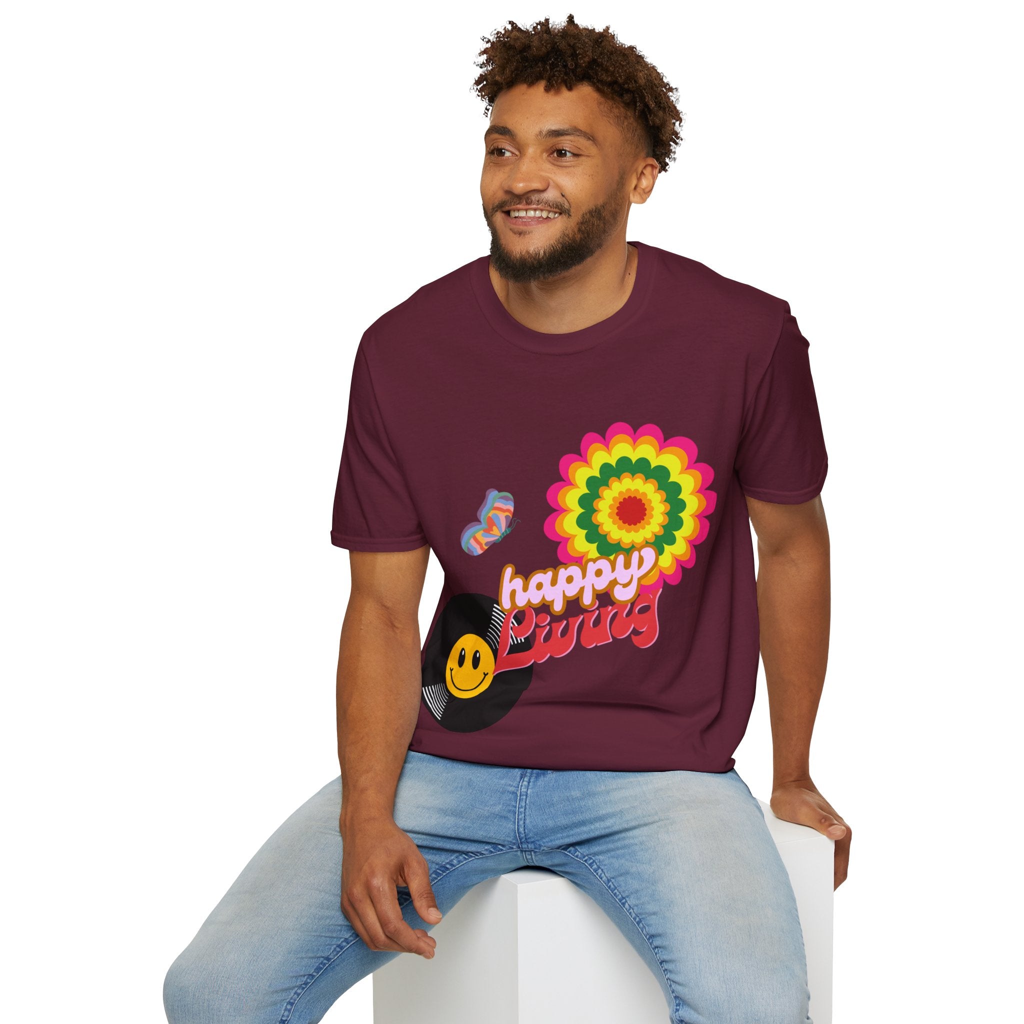 Men's-Happy Vibes Retro Flower T‑Shirt