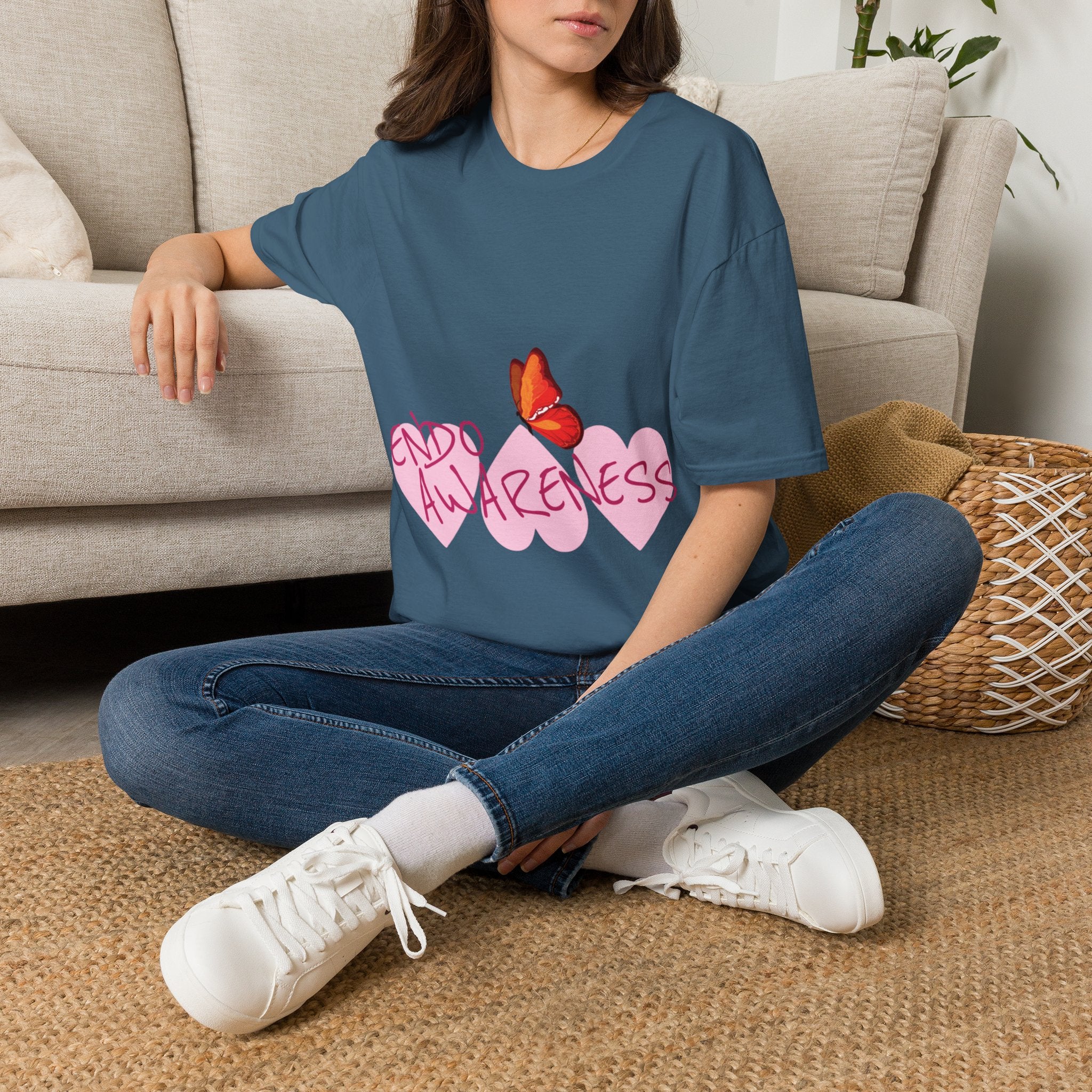 Women Endo Awareness T-Shirt — Pink Hearts & Butterfly Endometriosis Support Tee