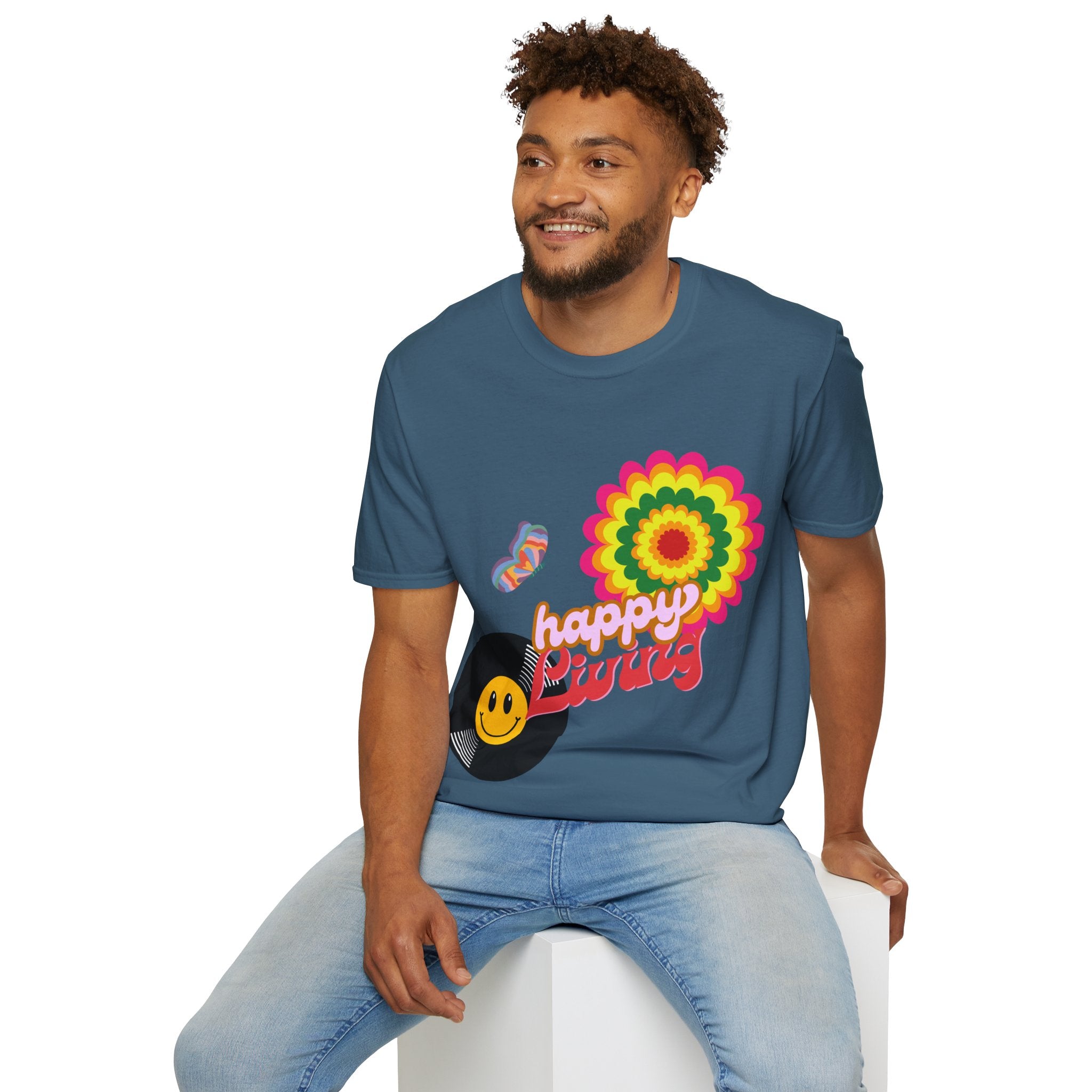 Men's-Happy Vibes Retro Flower T‑Shirt