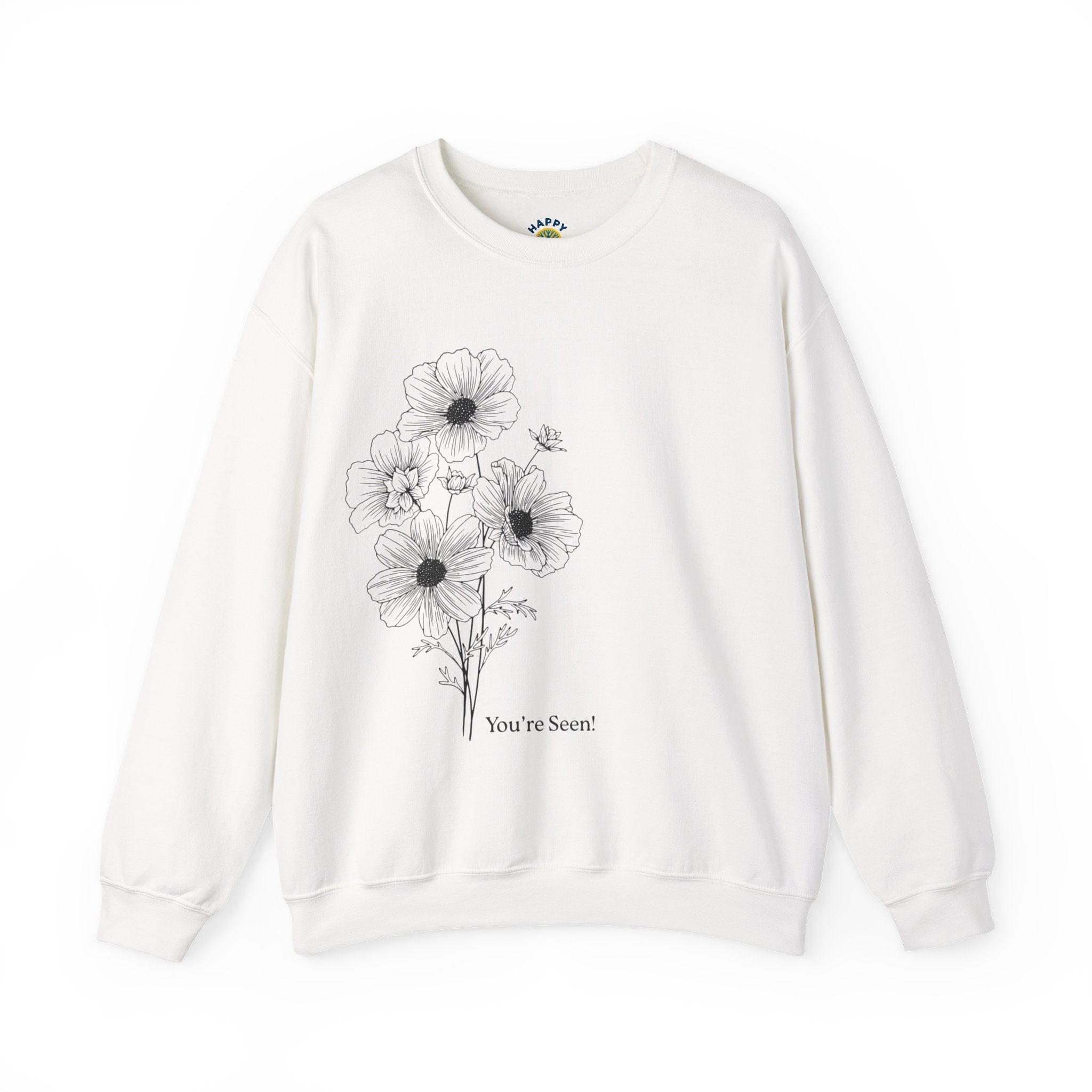 women Crewneck Sweatshirt — Minimal Black Floral "You're Seen" Design