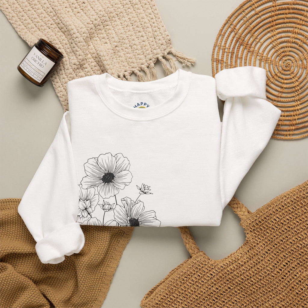 women Crewneck Sweatshirt — Minimal Black Floral "You're Seen" Design