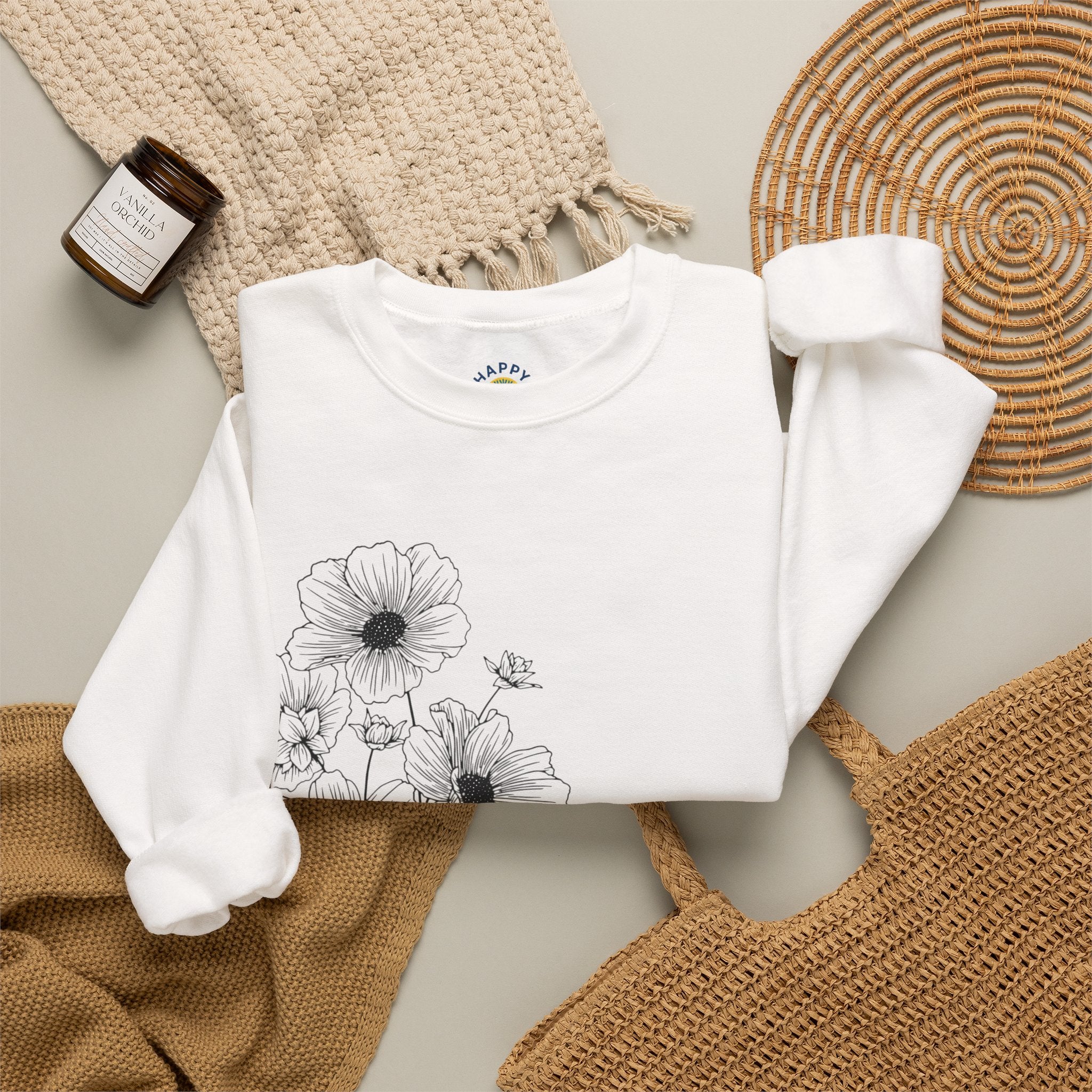 women Crewneck Sweatshirt — Minimal Black Floral "You're Seen" Design