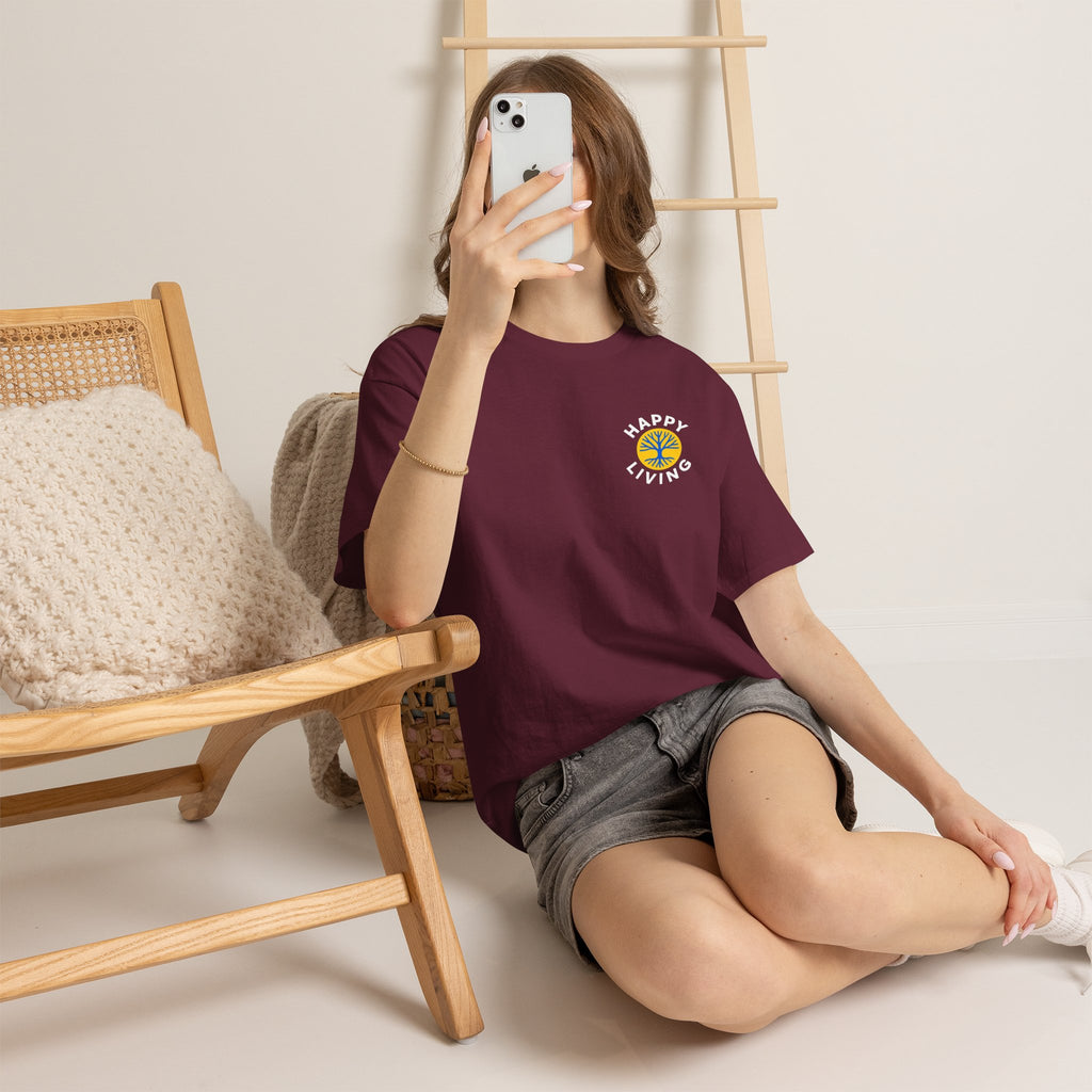 Women's Happy Living Logo Graphic Tee | Pocket Print, Minimal Retro Logo