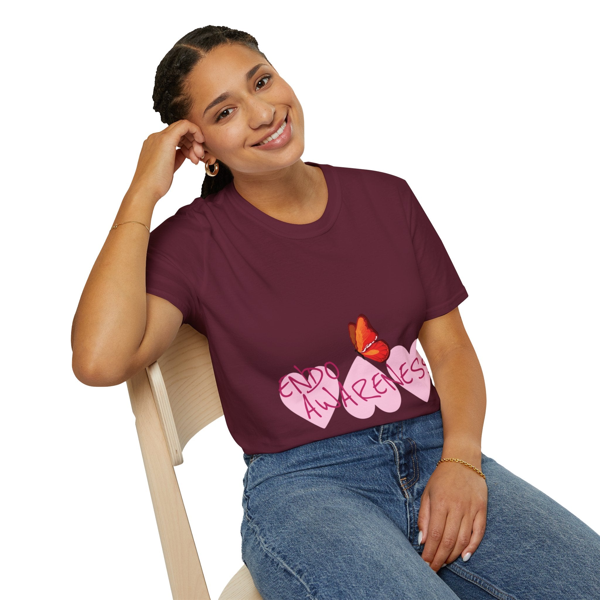 Women Endo Awareness T-Shirt — Pink Hearts & Butterfly Endometriosis Support Tee