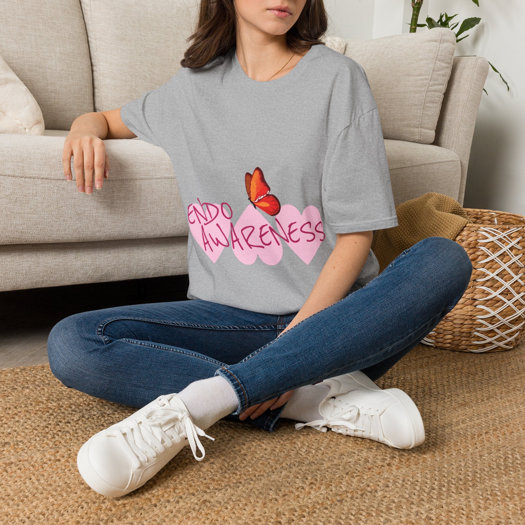 Women Endo Awareness T-Shirt — Pink Hearts & Butterfly Endometriosis Support Tee