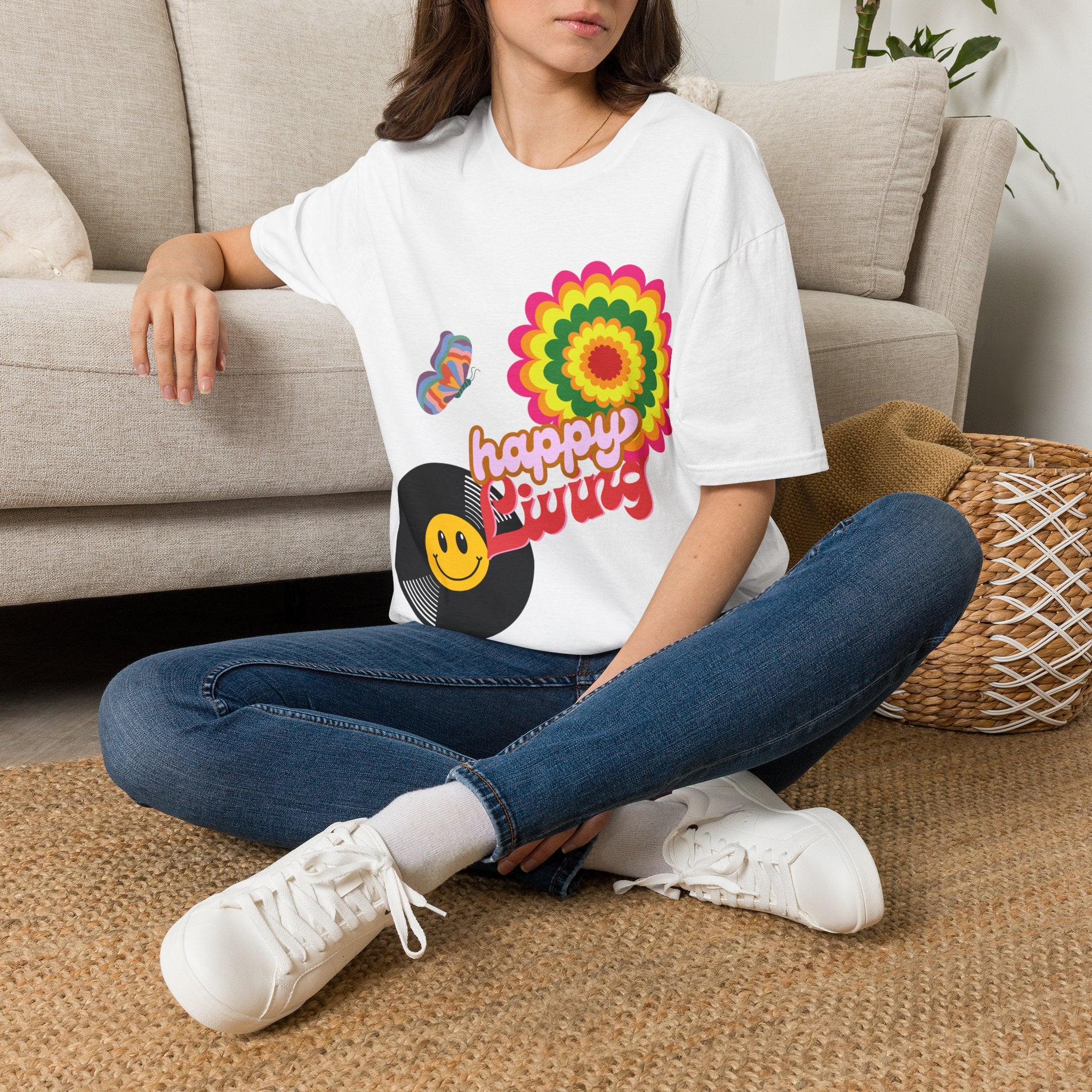 Women's Happy Vibes Retro Flower T‑Shirt