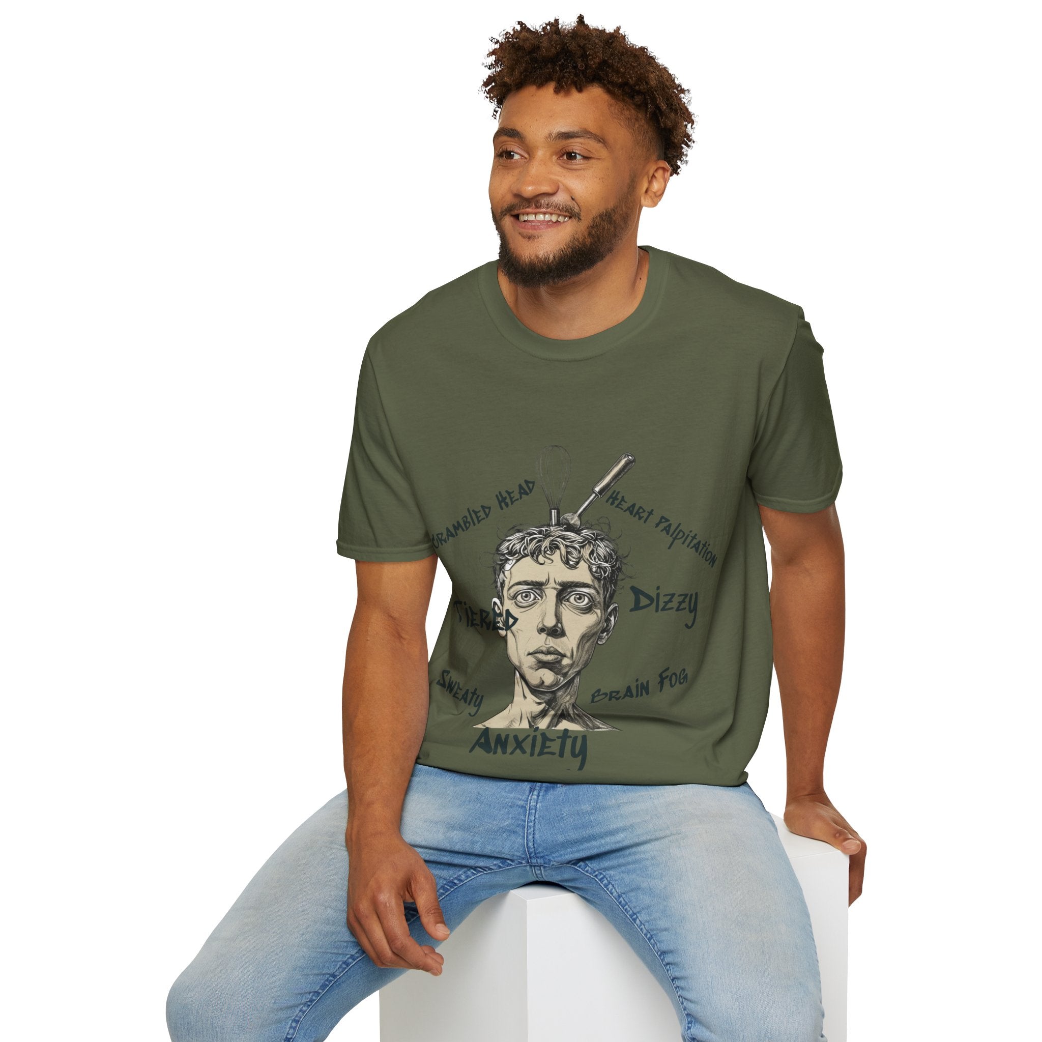 Men Anxiety Symptoms Graphic T-Shirt — Illustrated Brain Fog Dizzy Sweaty Design