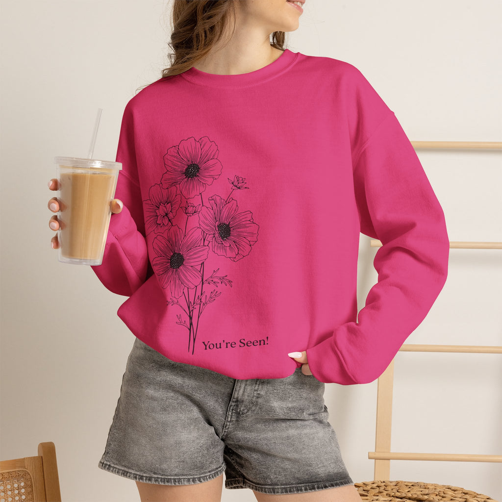women Crewneck Sweatshirt — Minimal Black Floral "You're Seen" Design