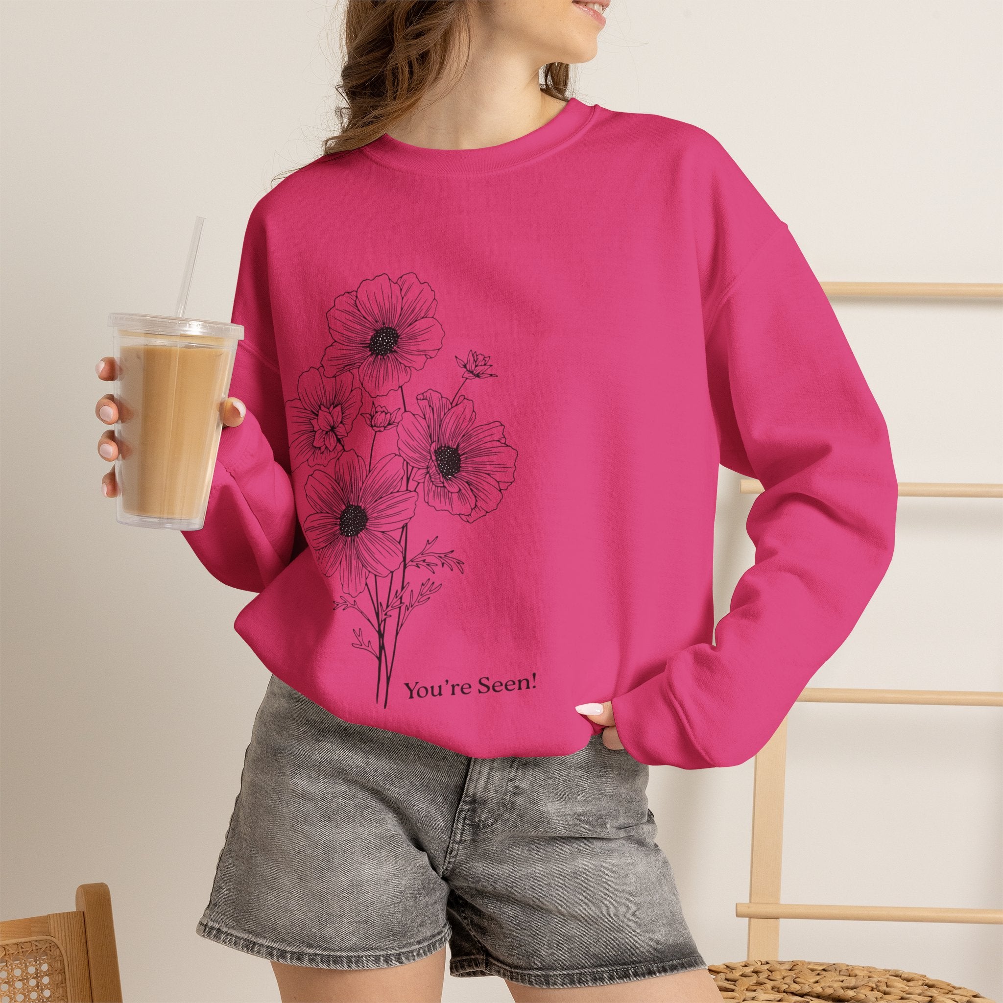 women Crewneck Sweatshirt — Minimal Black Floral "You're Seen" Design