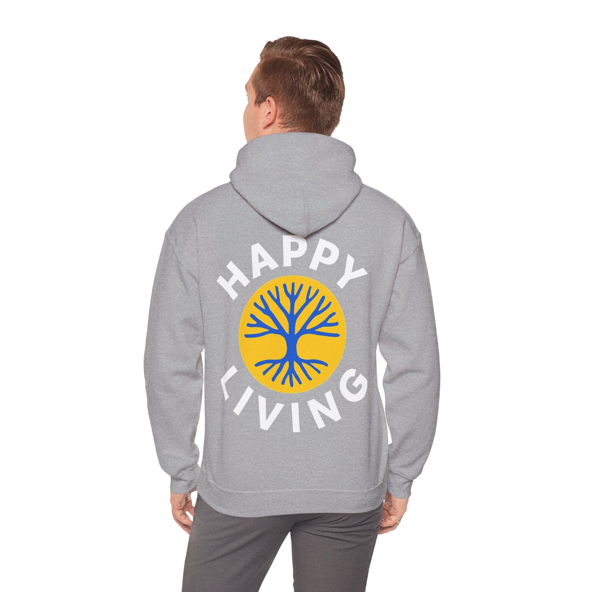 Men's Happy Living tree logo Hoodie | wellness lifestyle pullover