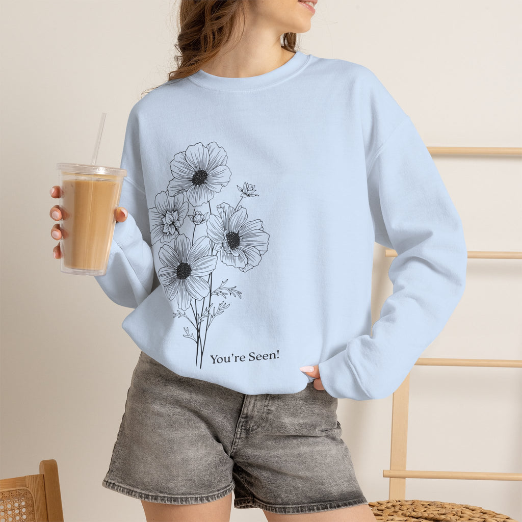 women Crewneck Sweatshirt — Minimal Black Floral "You're Seen" Design