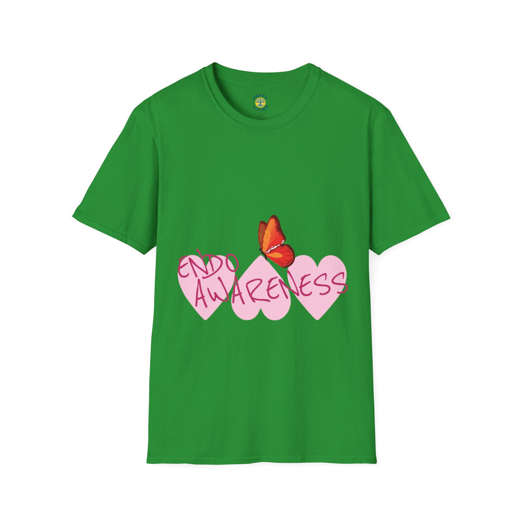 Women Endo Awareness T-Shirt — Pink Hearts & Butterfly Endometriosis Support Tee