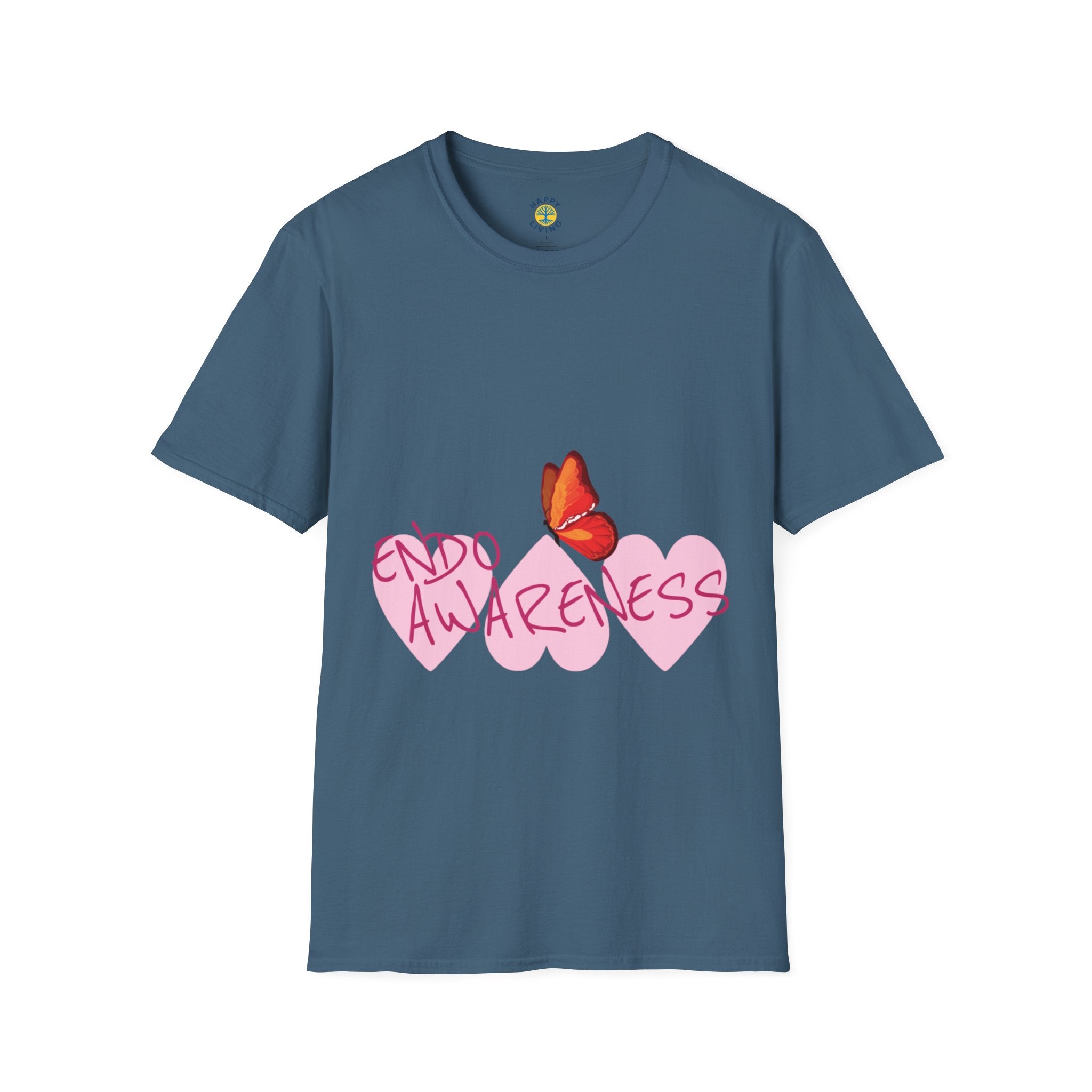 Women Endo Awareness T-Shirt — Pink Hearts & Butterfly Endometriosis Support Tee
