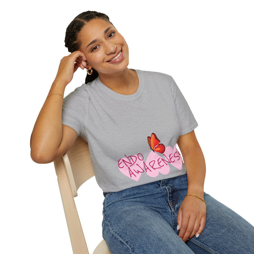 Women Endo Awareness T-Shirt — Pink Hearts & Butterfly Endometriosis Support Tee