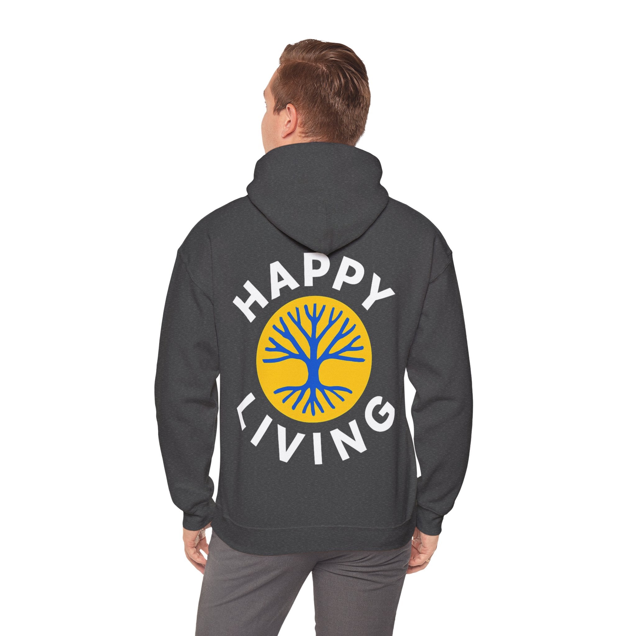 Men's Happy Living tree logo Hoodie | wellness lifestyle pullover