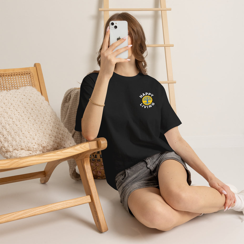 Women's Happy Living Logo Graphic Tee | Pocket Print, Minimal Retro Logo