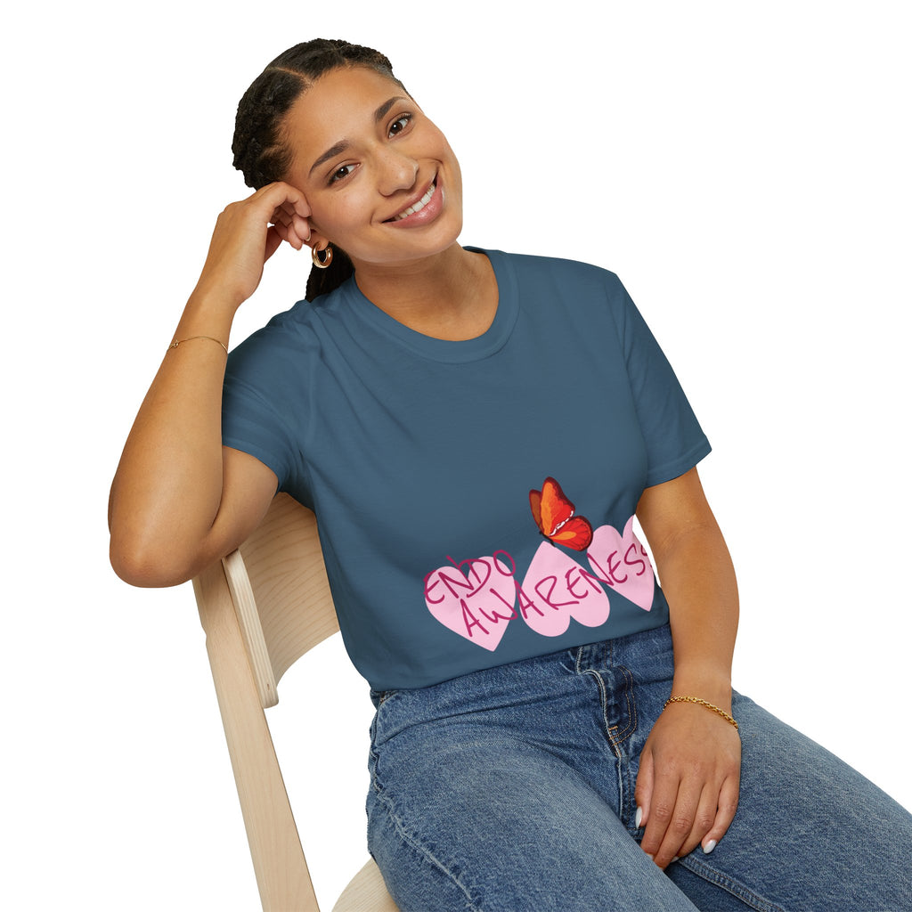 Women Endo Awareness T-Shirt — Pink Hearts & Butterfly Endometriosis Support Tee