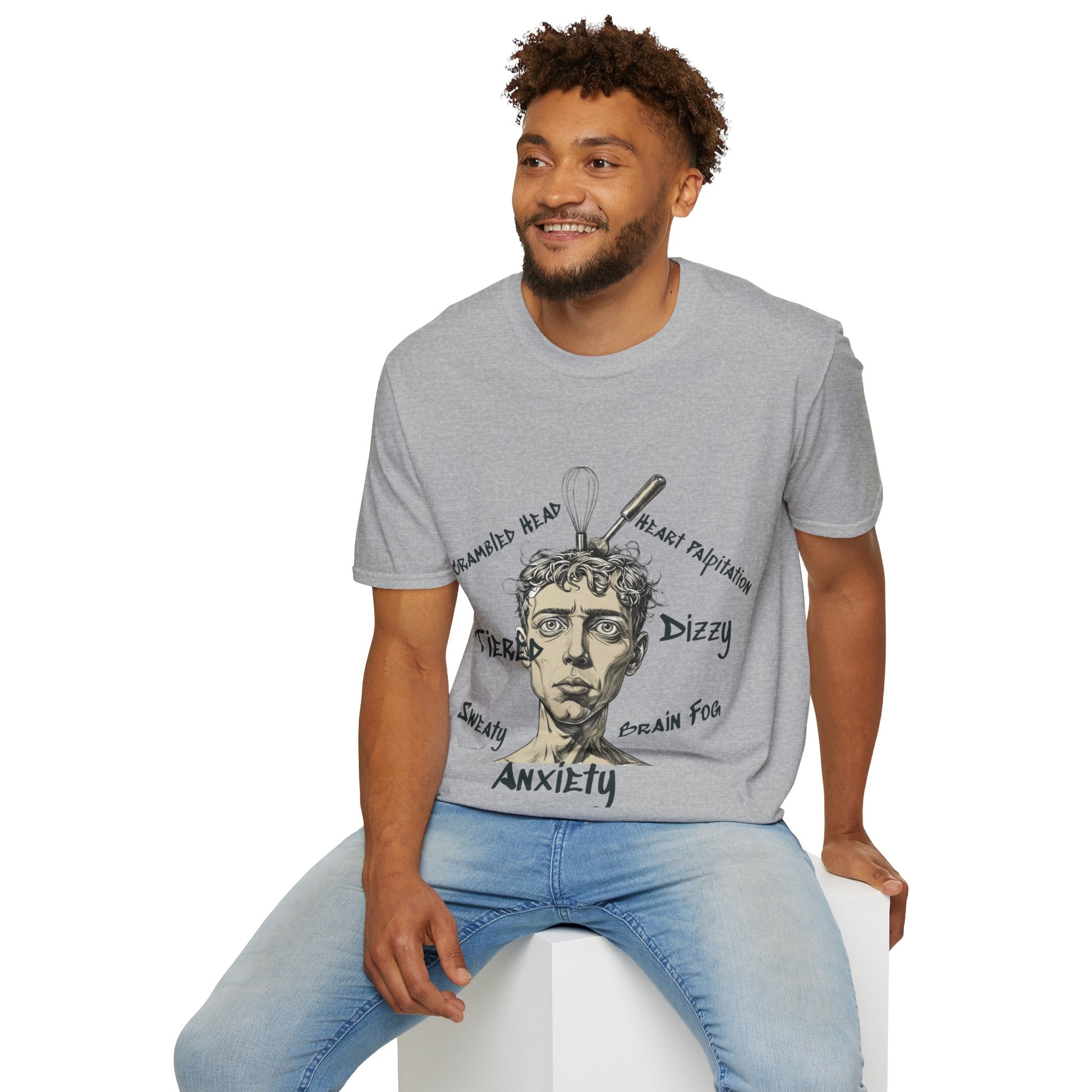 Men Anxiety Symptoms Graphic T-Shirt — Illustrated Brain Fog Dizzy Sweaty Design