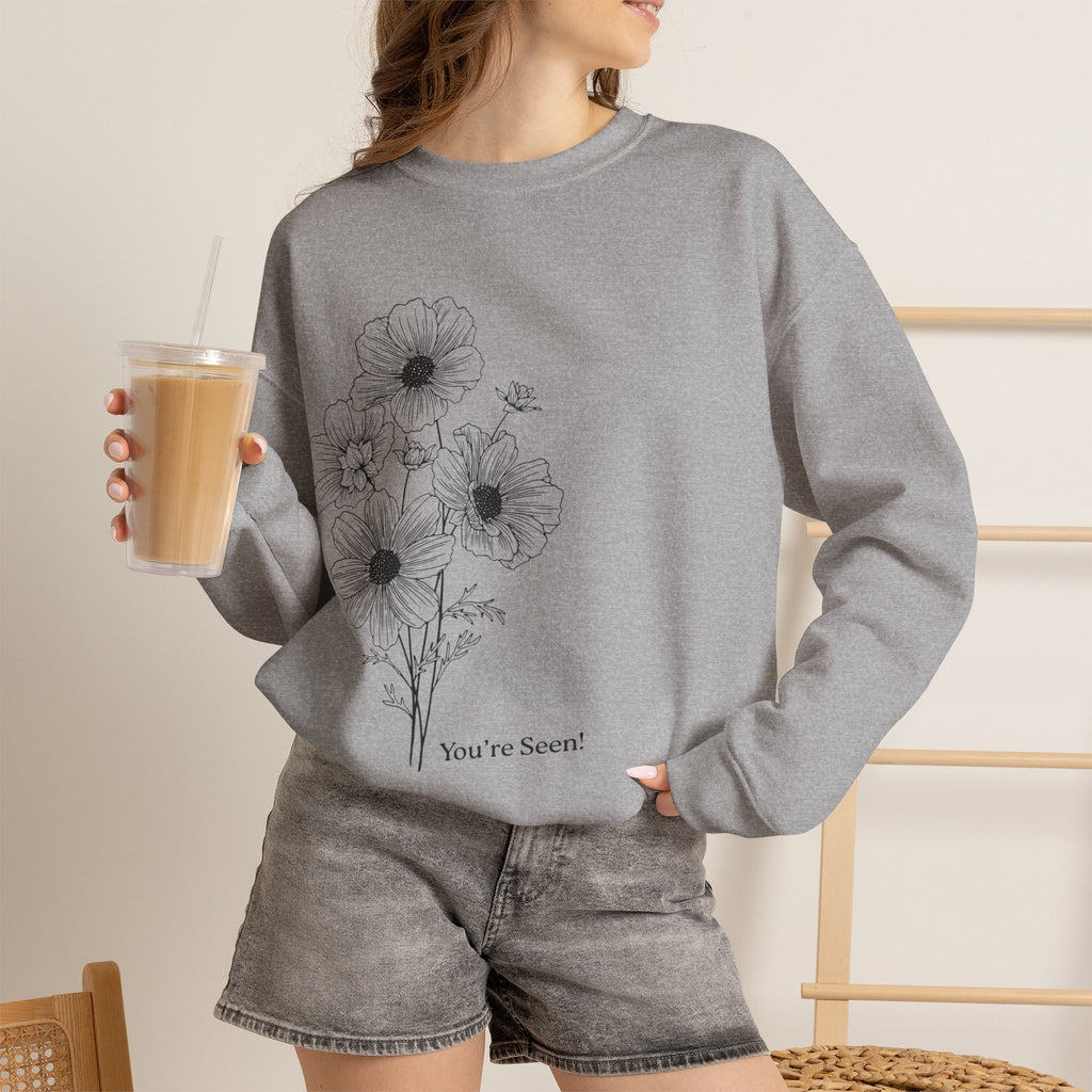 women Crewneck Sweatshirt — Minimal Black Floral "You're Seen" Design
