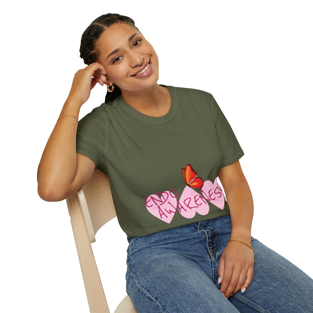 Women Endo Awareness T-Shirt — Pink Hearts & Butterfly Endometriosis Support Tee
