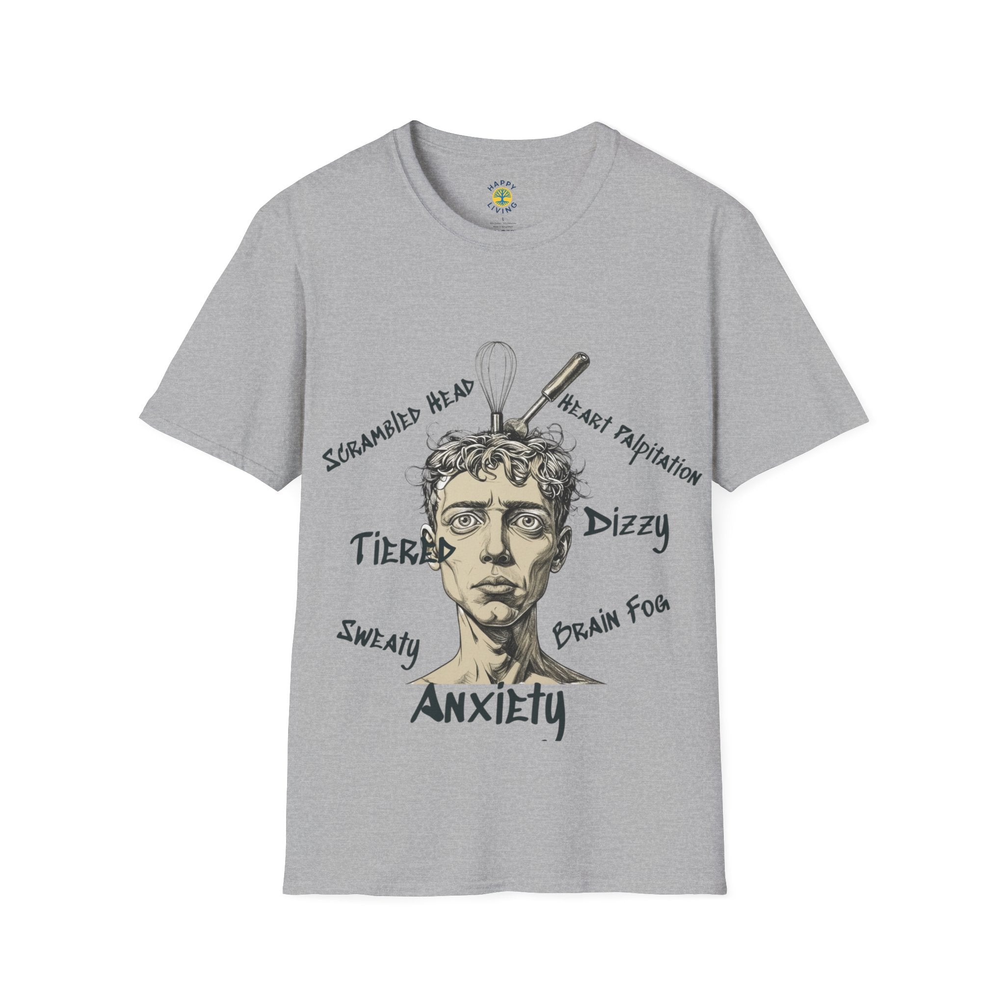 Men Anxiety Symptoms Graphic T-Shirt — Illustrated Brain Fog Dizzy Sweaty Design