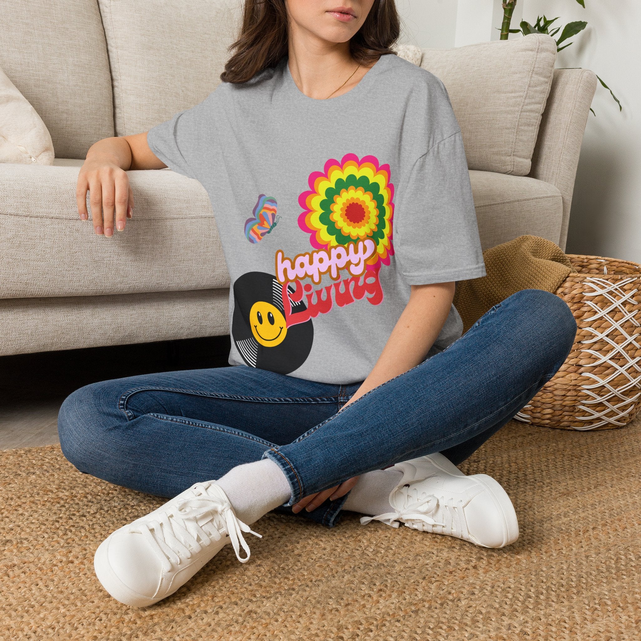 Women's Happy Vibes Retro Flower T‑Shirt