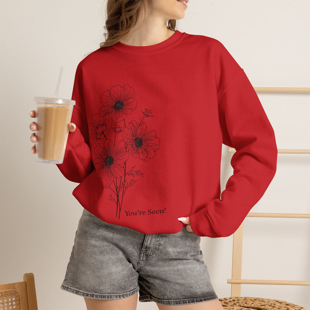 women Crewneck Sweatshirt — Minimal Black Floral "You're Seen" Design