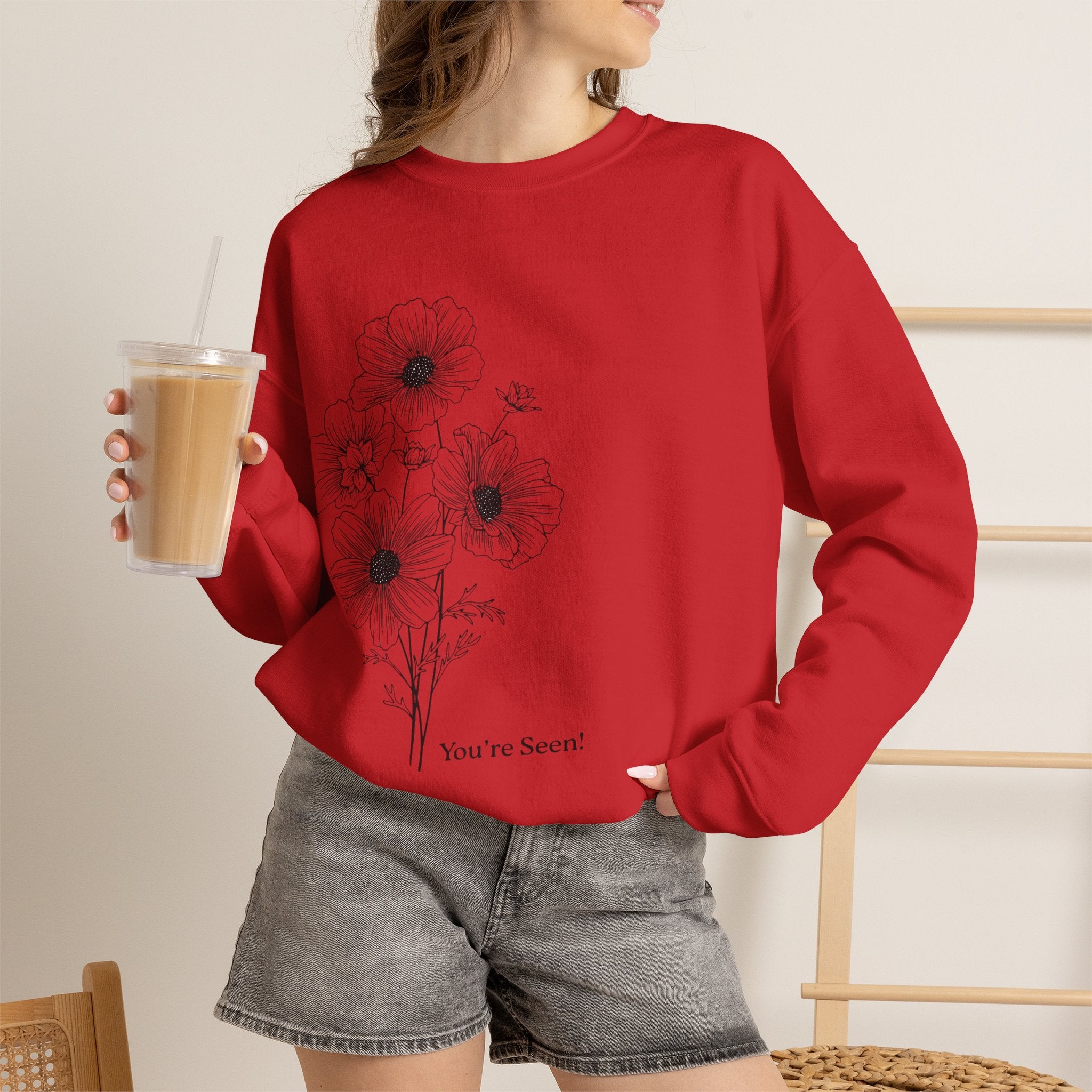 women Crewneck Sweatshirt — Minimal Black Floral "You're Seen" Design