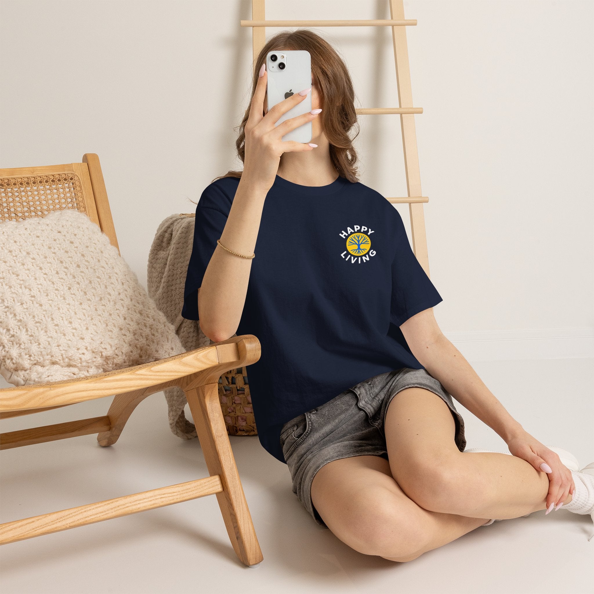 Women's Happy Living Logo Graphic Tee | Pocket Print, Minimal Retro Logo