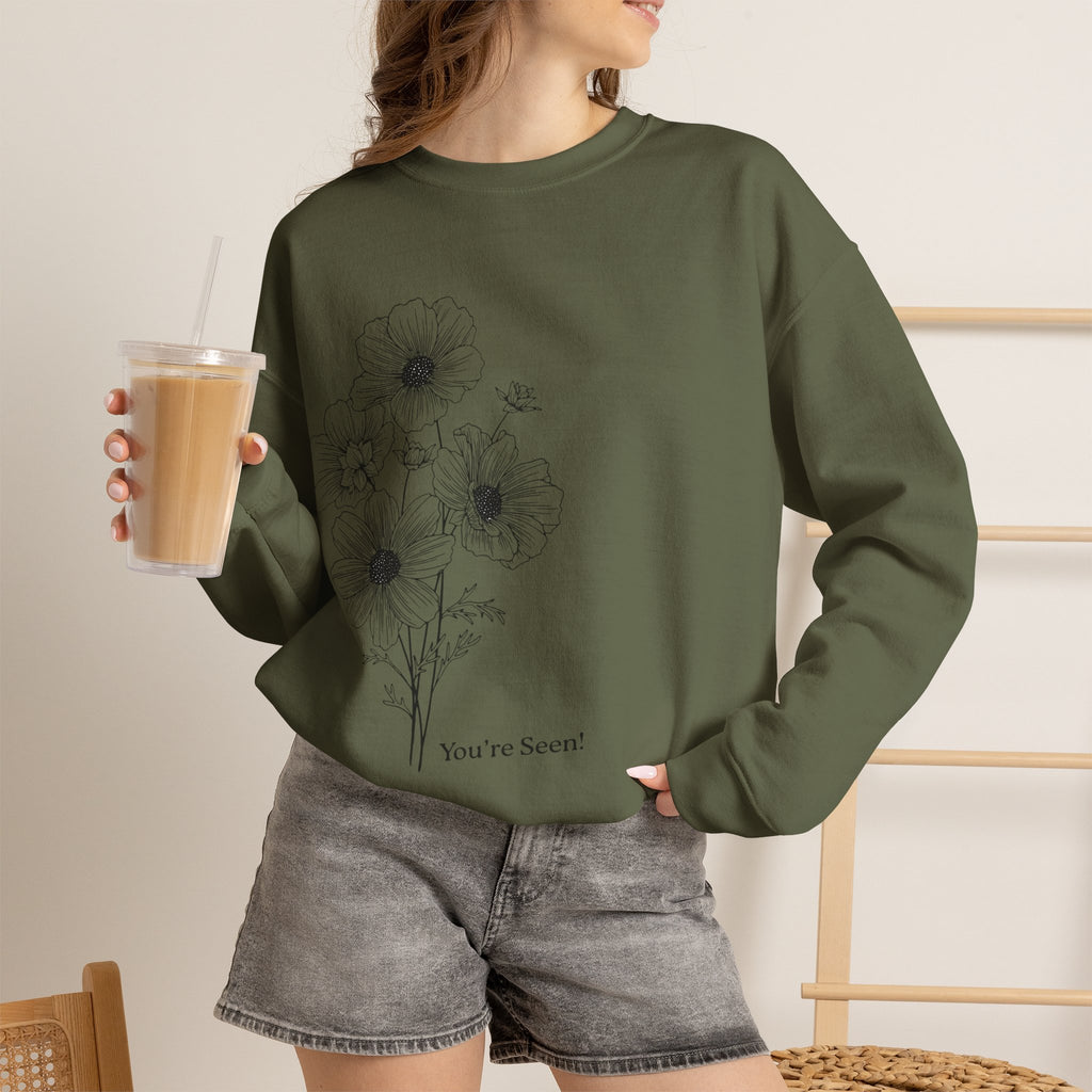 women Crewneck Sweatshirt — Minimal Black Floral "You're Seen" Design